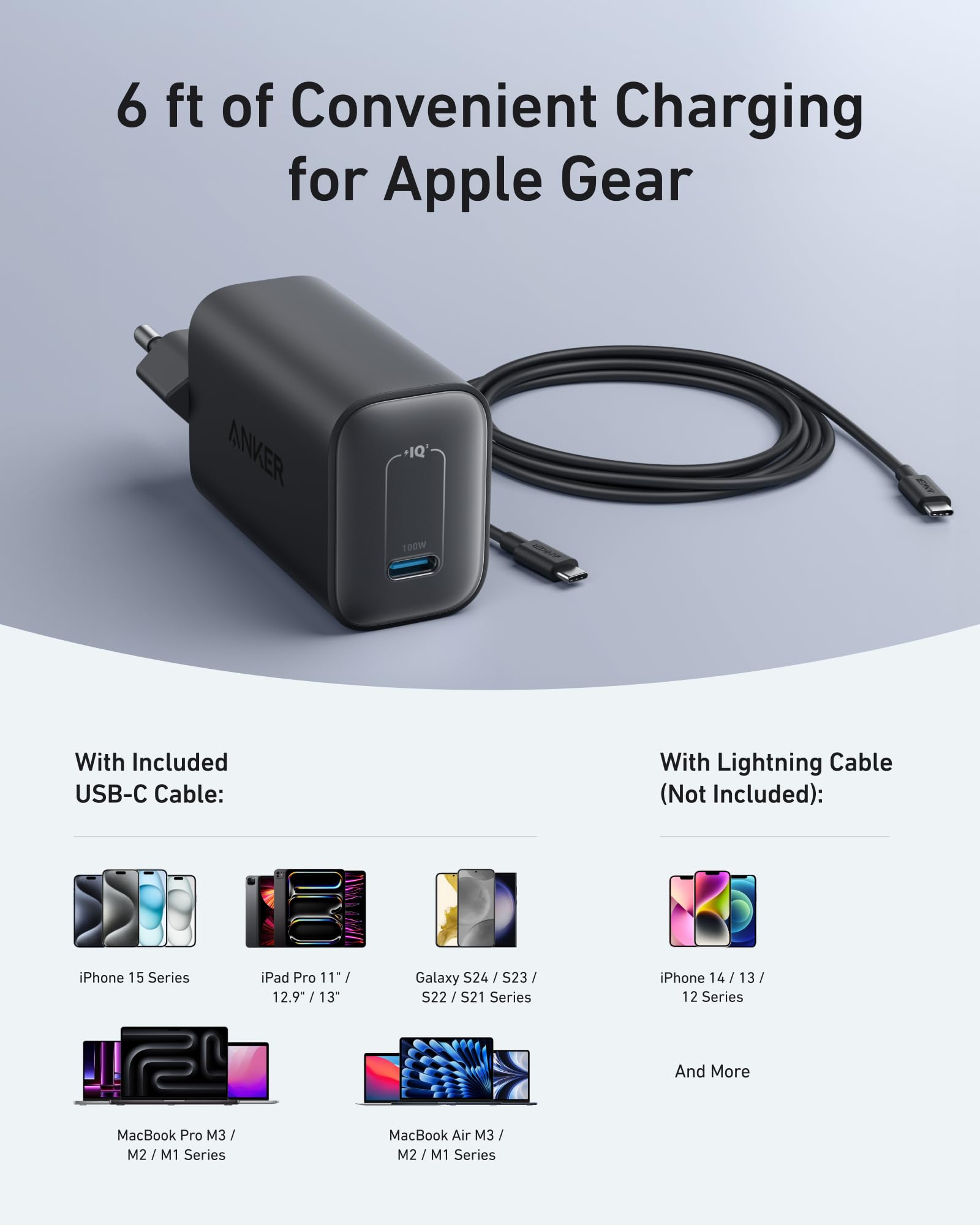 Anker Nano Ładowarka 100 W, Ładowarka 100 W do MacBooka, Zasilacz do MacBooka, iPada, iPhone’a 17/16, Galaxy oraz wszystkich urządzeń USB‑C, w zestawie kabel USB‑C 1,8 m (czarny)