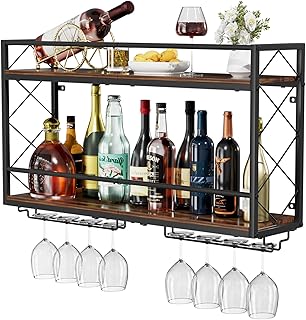 Wine Rack Wall Mounted 2 Tier Wall Wine Rack with Glass Holder, Double Layer