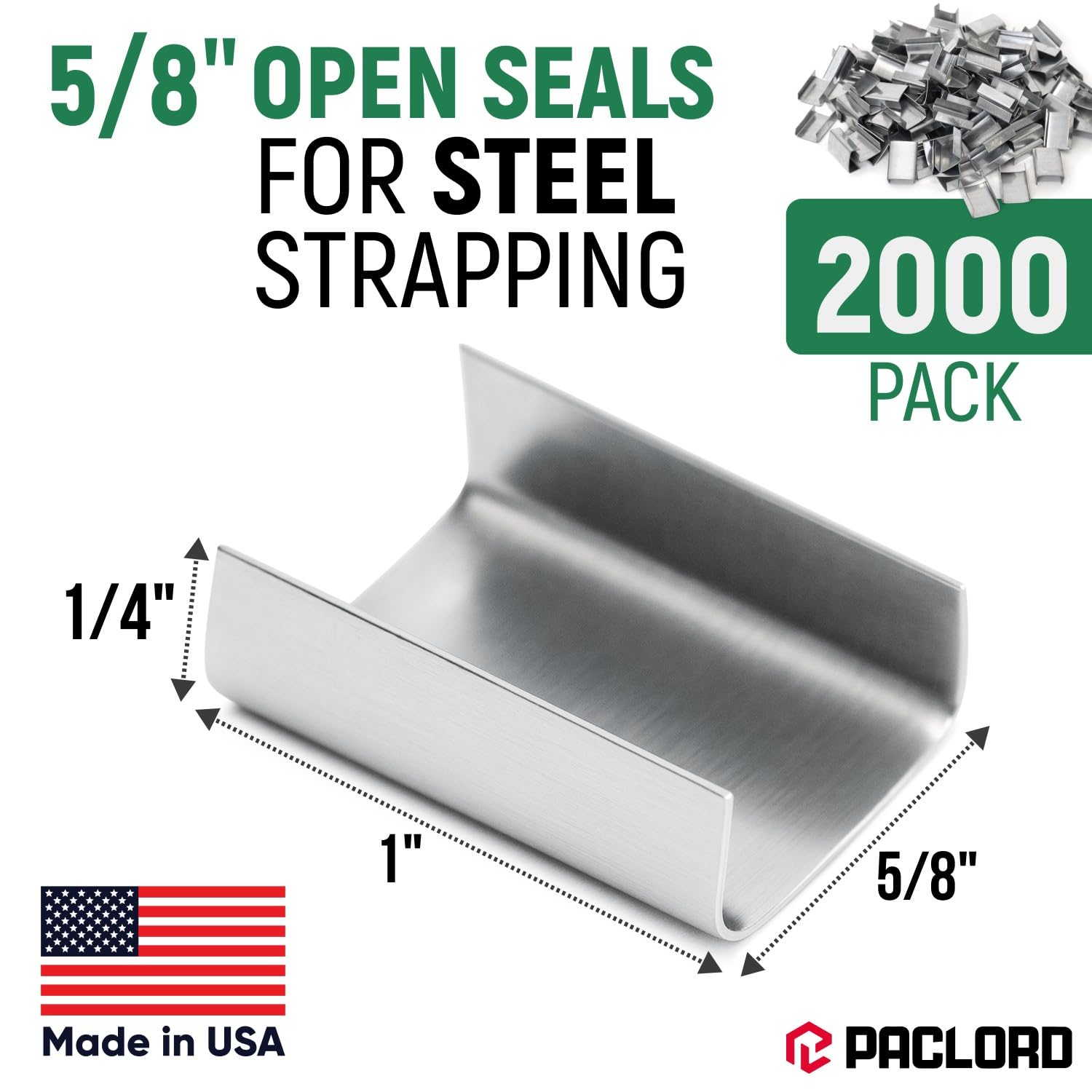5/8" Open Seals for Steel Strapping, Pack of 2000 - Heavy-Duty Metal Clips for Securing Heavy Loads, Pallets, Packaging - Sturdy Strap Clips for Steel Banding Jobs