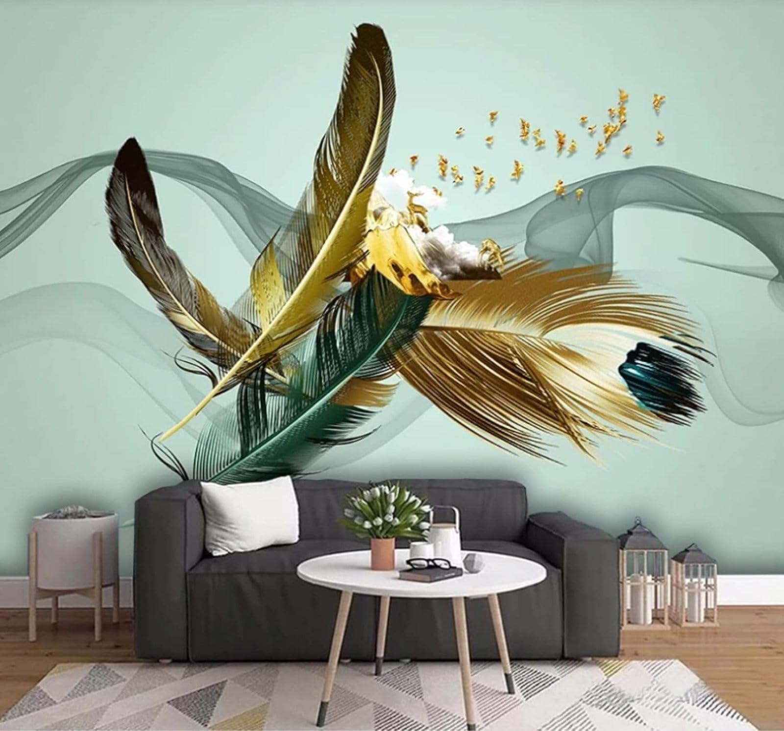 Xlming 250Cm×170Cm(B×H) Abstract Gold Feathers Birds Elk 3D Wallpaper Luxury Home Dining Decor Paste Sofa Living Room The Wall For Bedroom Mural-250Cm×170Cm