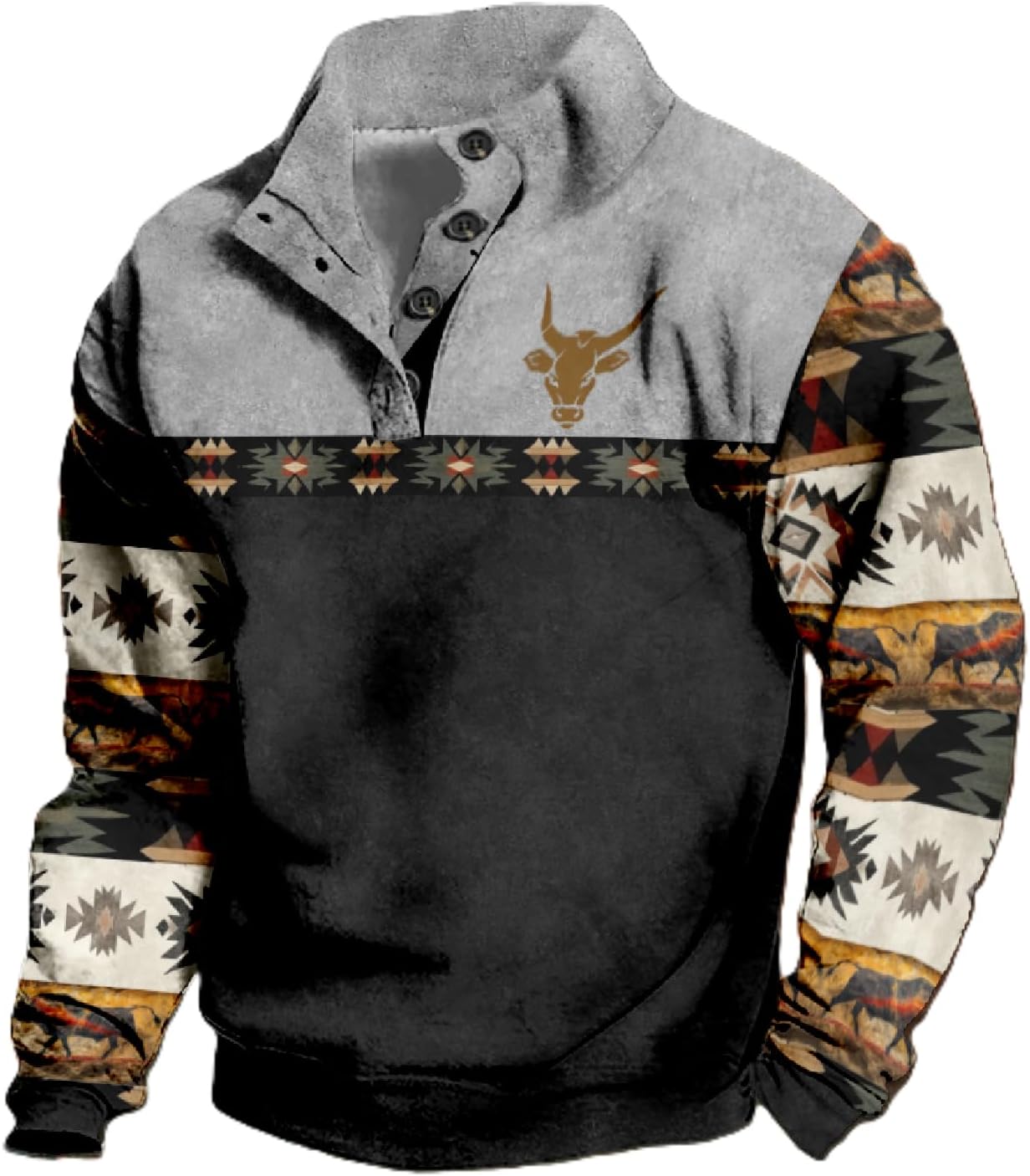 Aztec Print Cowboy Hoodie Mens Collar Neck Western Vintage Warm Casual Long Sleeve Button Pullover Sweaters