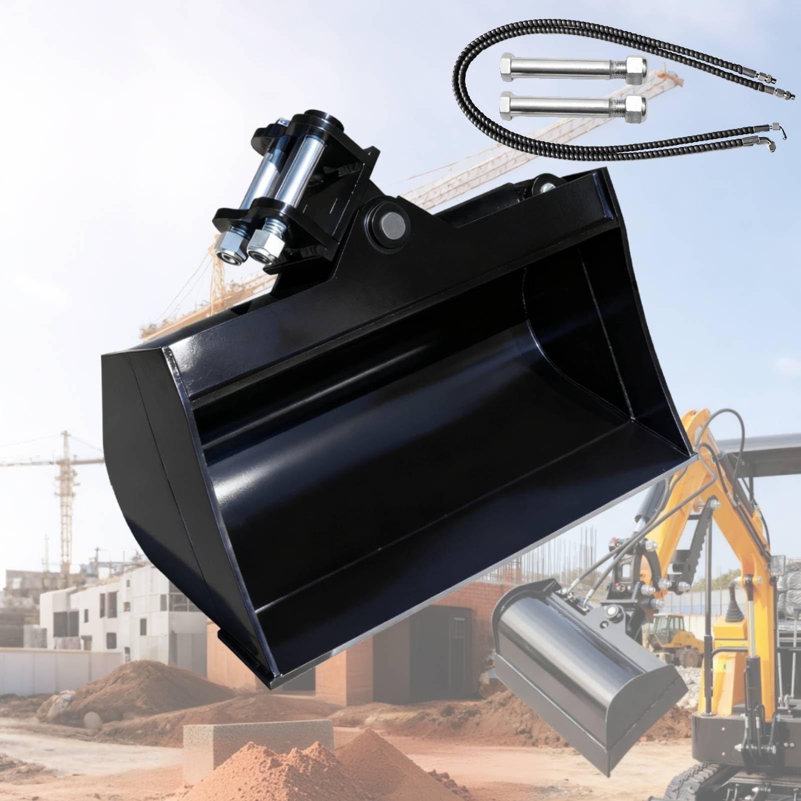 Hydraulik-Schwenklöffel 60cm, Minibagger 0,8–1,8 t, zahnlos | Flache Schneidkante ohne Zähne, 45° Schwenkwinkel, Aufnahme 90 mm, Lochabstand 88 mm, Ø25 mm, 2 Bolzen, DE-Lager