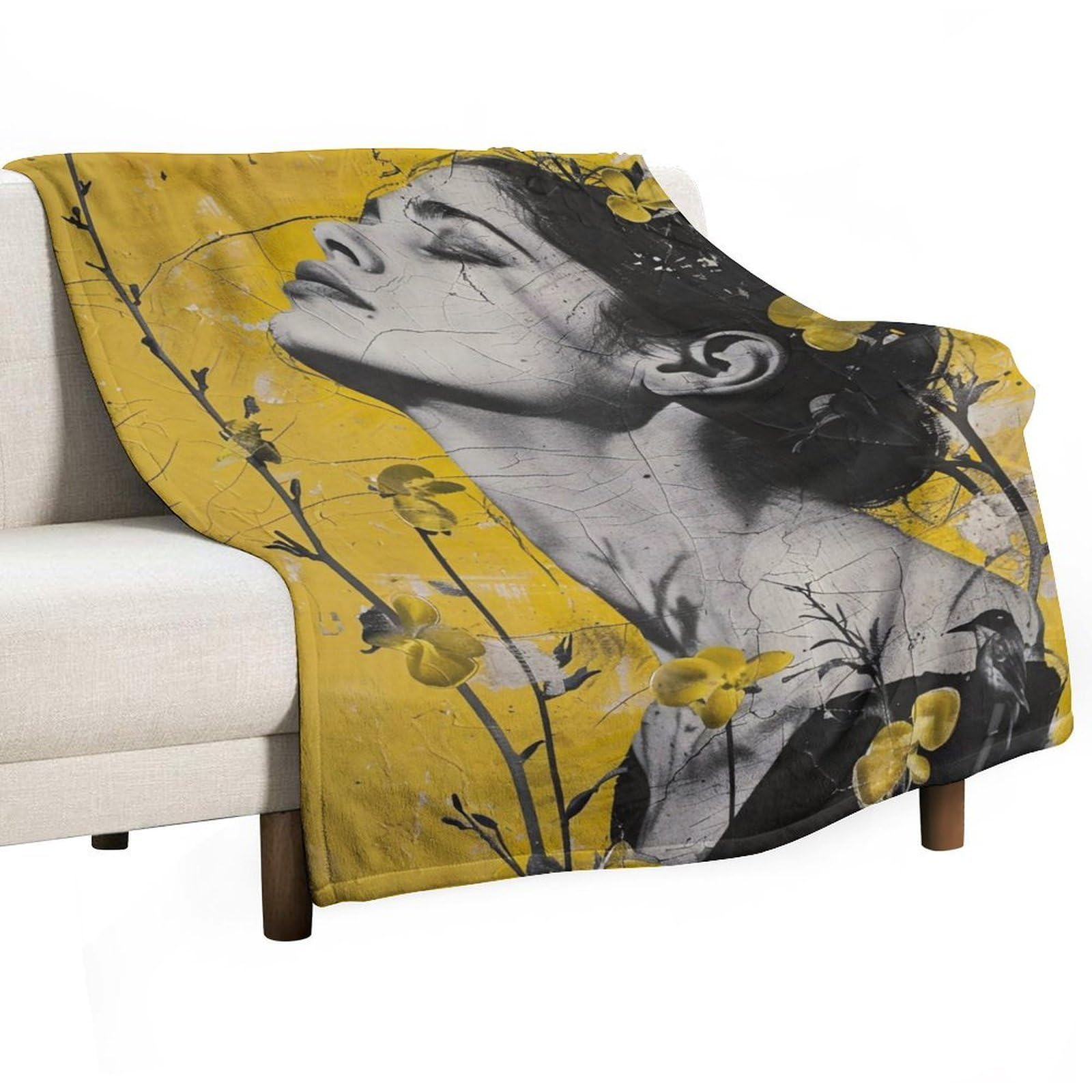 YHGSREUOH Yellow Flower And Bird Woman Collage 04 Flannel Blankets Fleece Soft Throw Lightweight Plush Gifts for Couch, Bed, Cozy Sofa Plush, Chair, Lovers 100x130cm(40x50in)