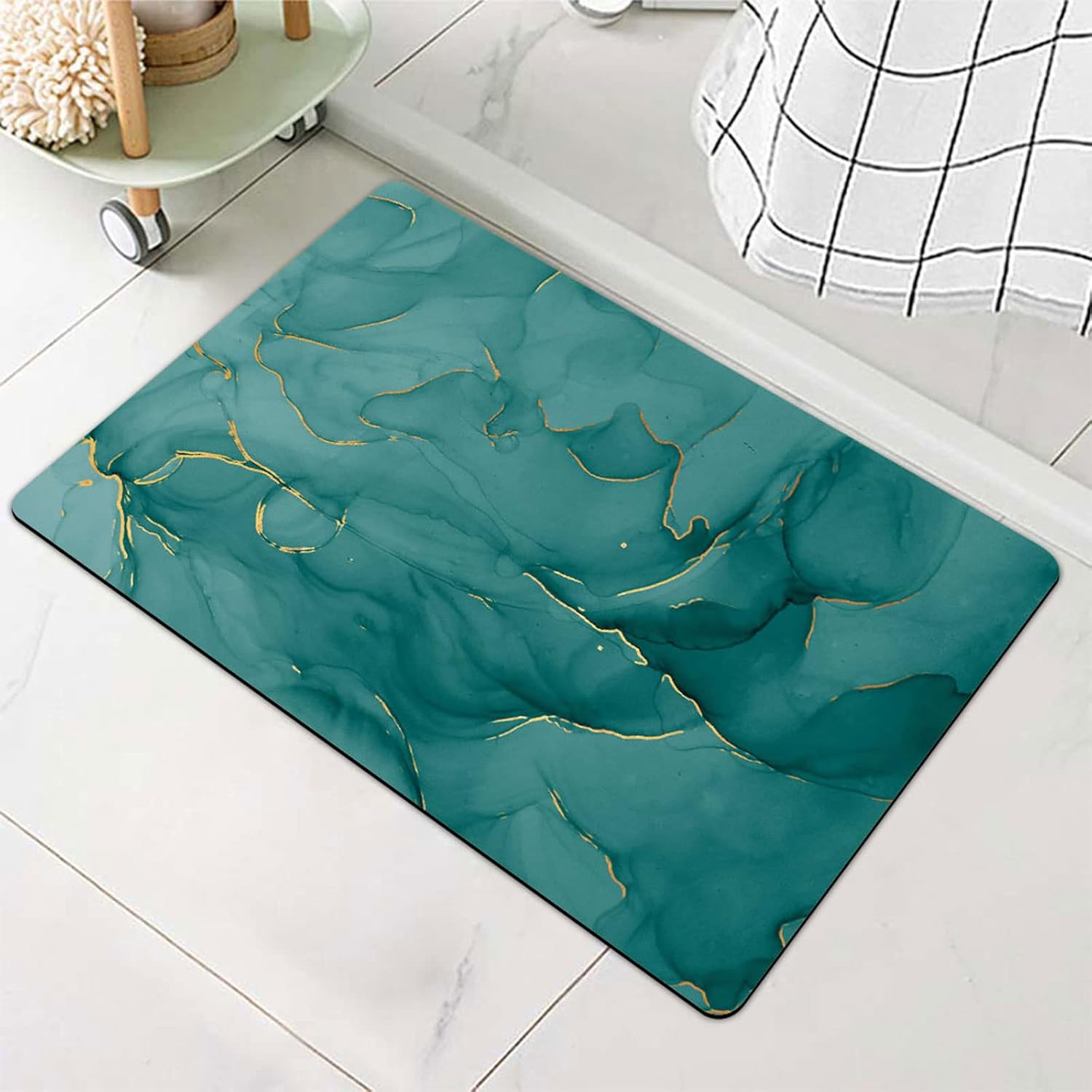 Bath Mat RugDark Green Marble Pattern Rubber Non Slip