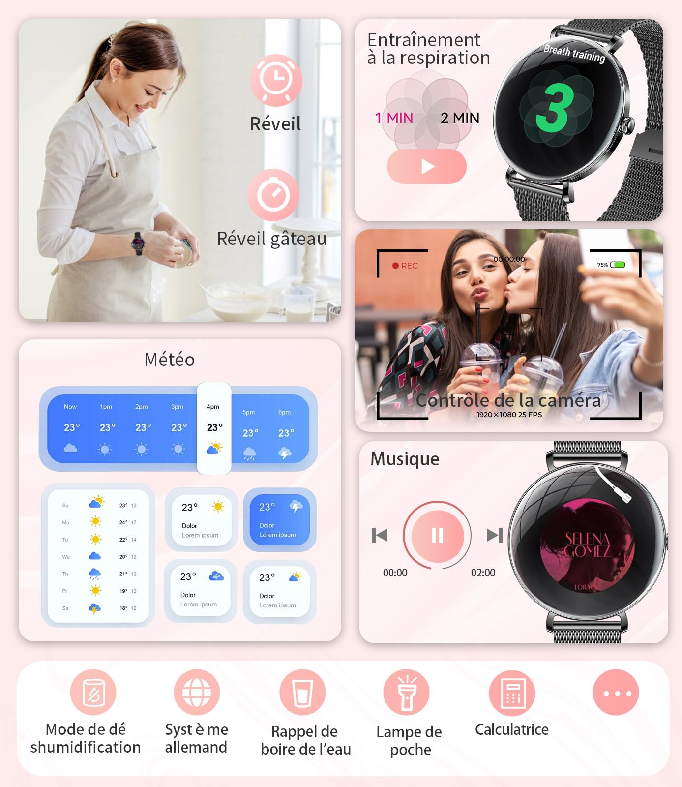 SUNKTA Montre Connectée Femme Léger avec Ultra-Mince 1.43'' Écran Courbé AMOLED Appels Podómetro/Fréquence Cardiaque 100+ Modes Sportifs IP68 Imperméable Élégante Femme Smartwatch Android iOS