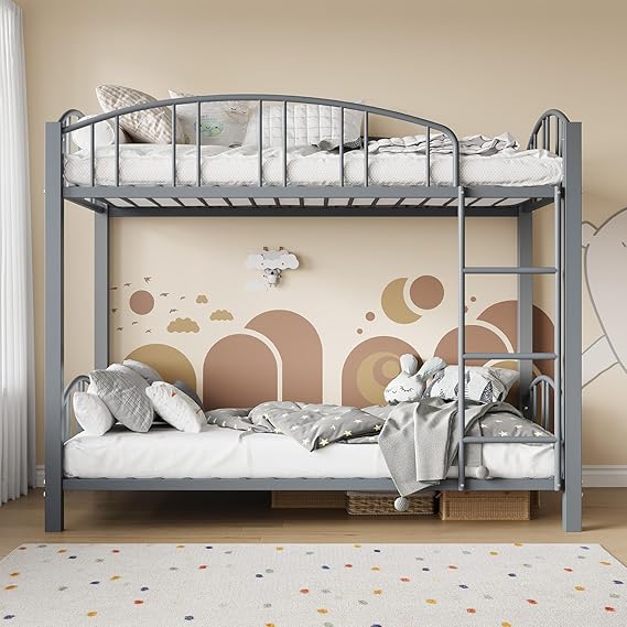 Bunk Bed Twin Over Twin with Stairs and Arched Guardrail, Sturdy Metal Slats Support, Space Saving, Noise Free, No Box Spring Needed, Ideal for Kid Room and Dorm, Matte Gray