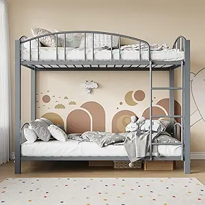 Bunk Bed Twin Over Twin with Stairs and Arched Guardrail, Sturdy Metal Slats Support, Space Saving, Noise Free, No Box Spring Needed, Ideal for Kid Room and Dorm, Matte Gray