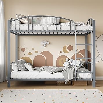 Bunk Bed Twin Over Twin with Stairs and Arched Guardrail, Sturdy Metal Slats Support, Space Saving, Noise Free, No Box Spring Needed, Ideal for Kid Room and Dorm, Matte Gray