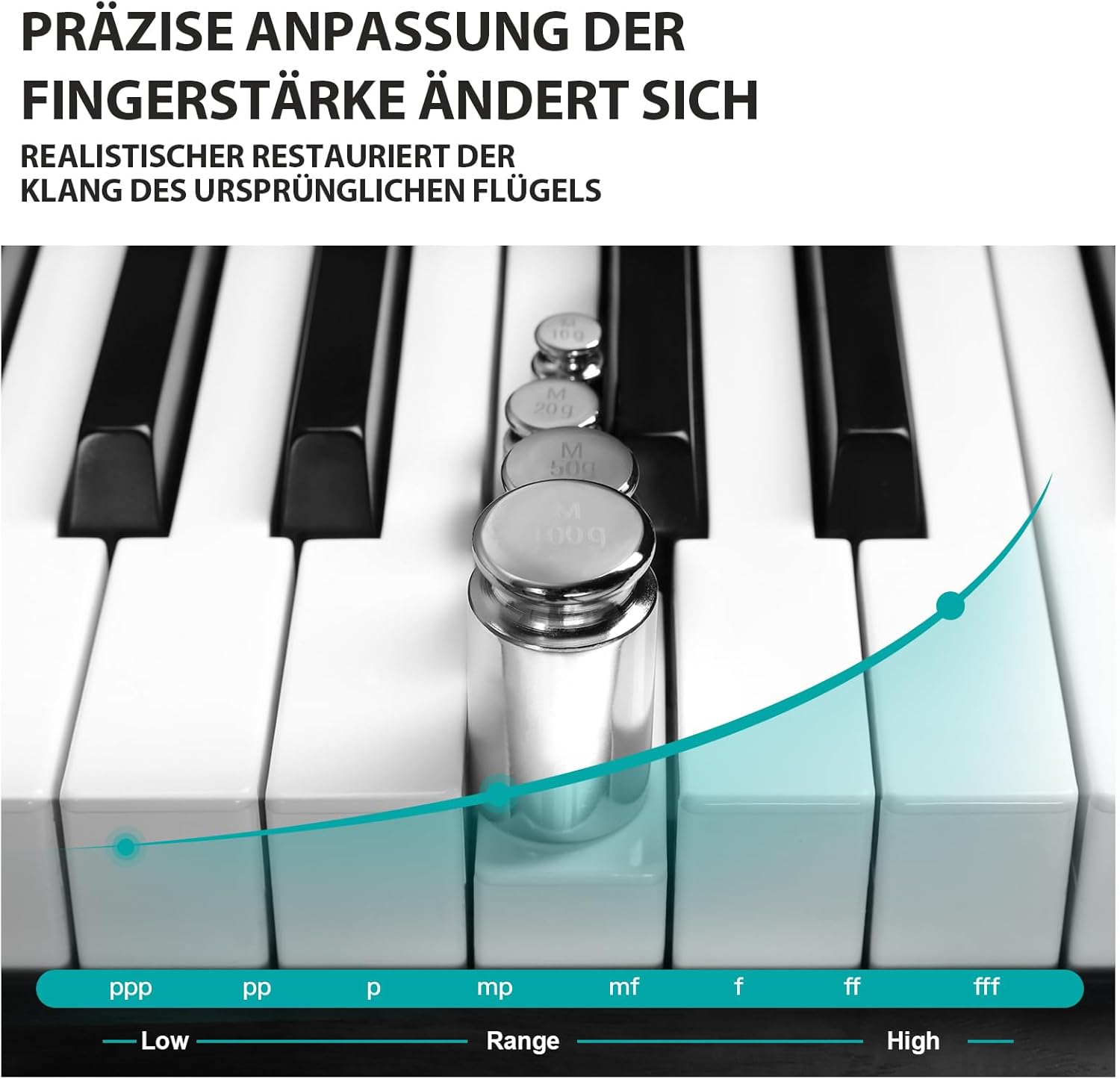 Piano keys with weights demonstrating touch sensitivity