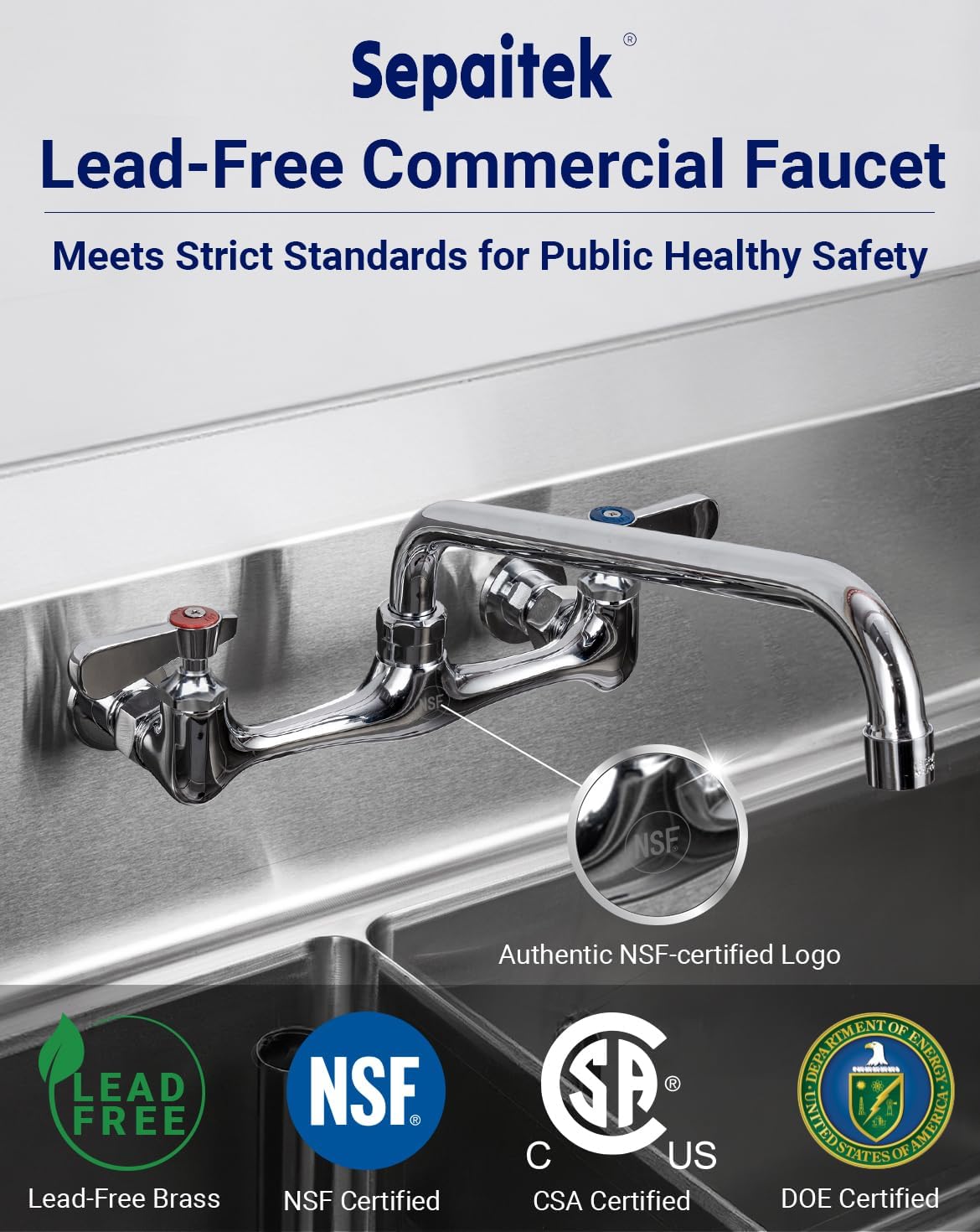 NSF Certified Lead-Free Commercial Sink Faucet 8 inch Center Spread, Wall Mount Kitchen Sink Faucet 2 Hole with 12" Swivel Spout, Brass Faucet with Ceramic Valve, Installation Kit Included