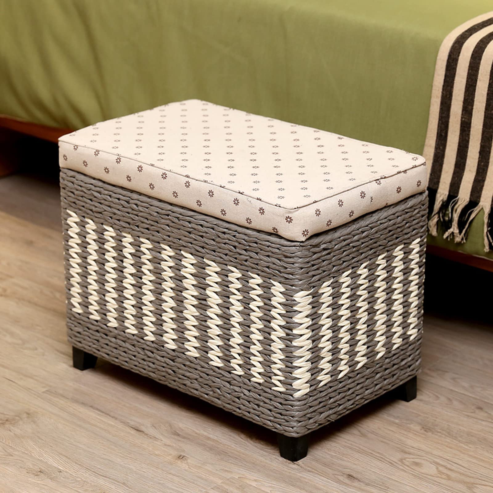 Tabouret de rangement en rotin gris 80cm avec pieds en bois