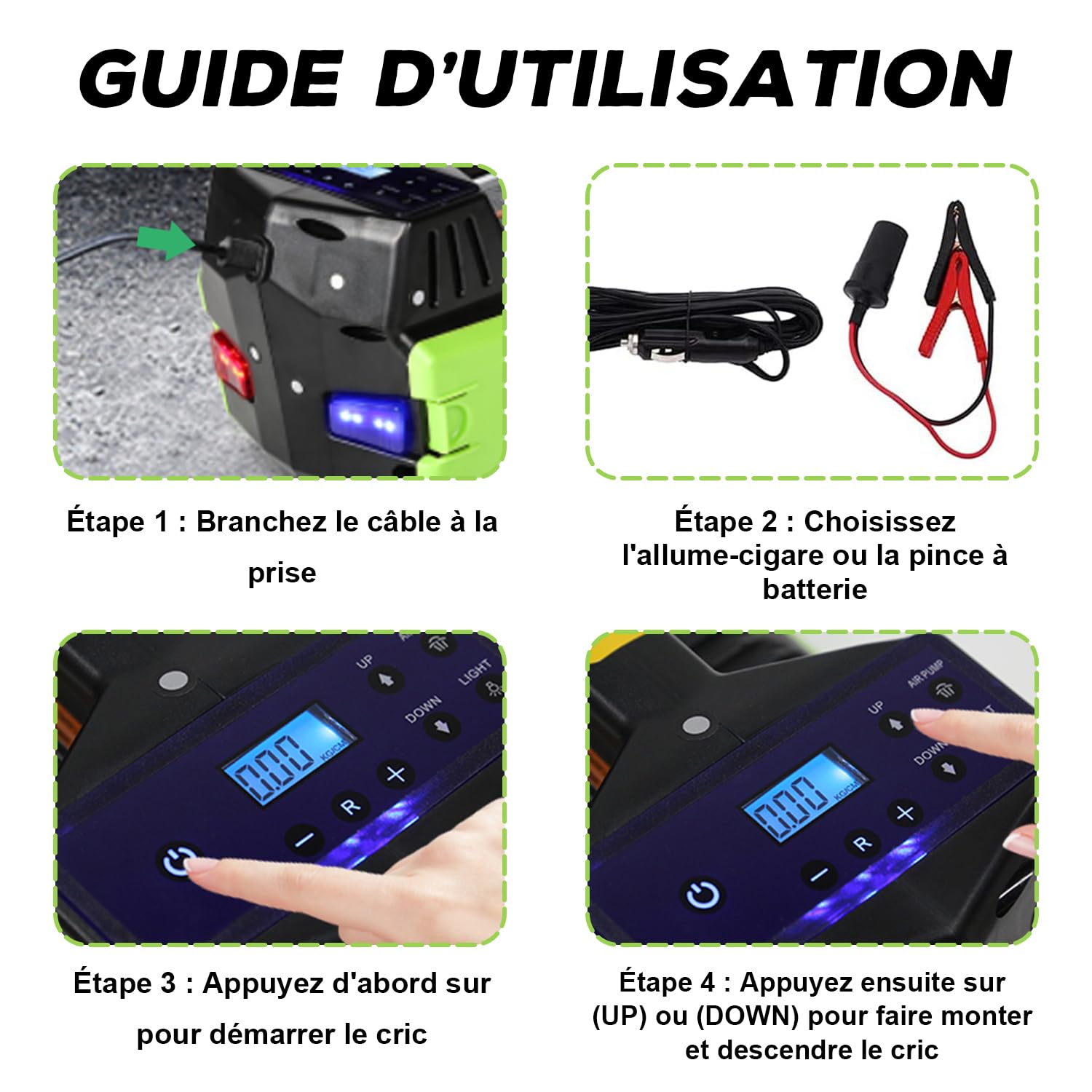 VOBOR Cric Électrique Voiture 5T, 4 in 1 Cric Hydraulique 12V avec Écran LCD et Pompe de Gonflage des Pneus, 150-450mm Leve pour Voiture Pickup Changement de Pneu Garage Réparation