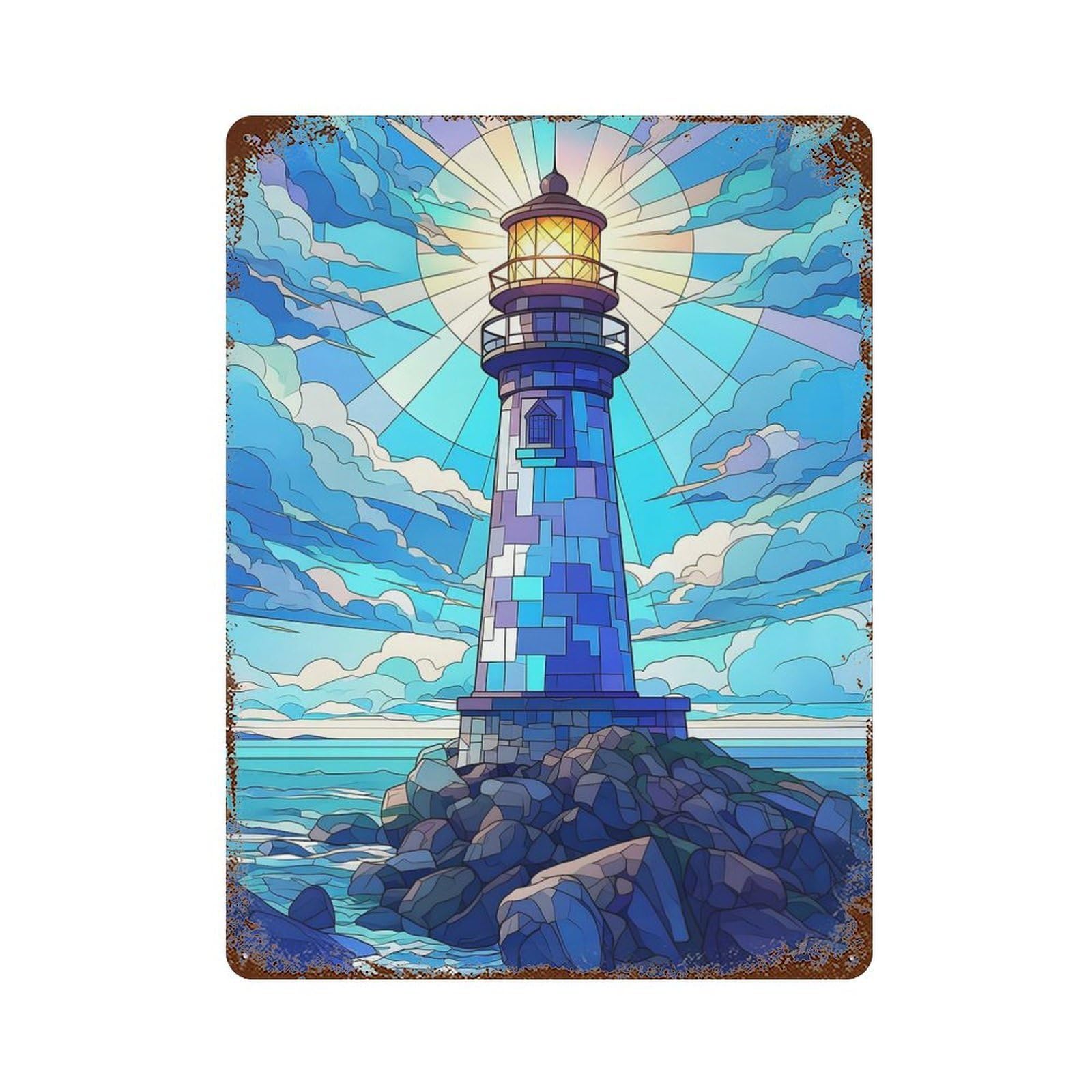 Lighthouse Stained Glass Decorative Tin Sign 15.7"x11.8", Retro Wall Decor for Basement, Hobby Room And Garage Decor