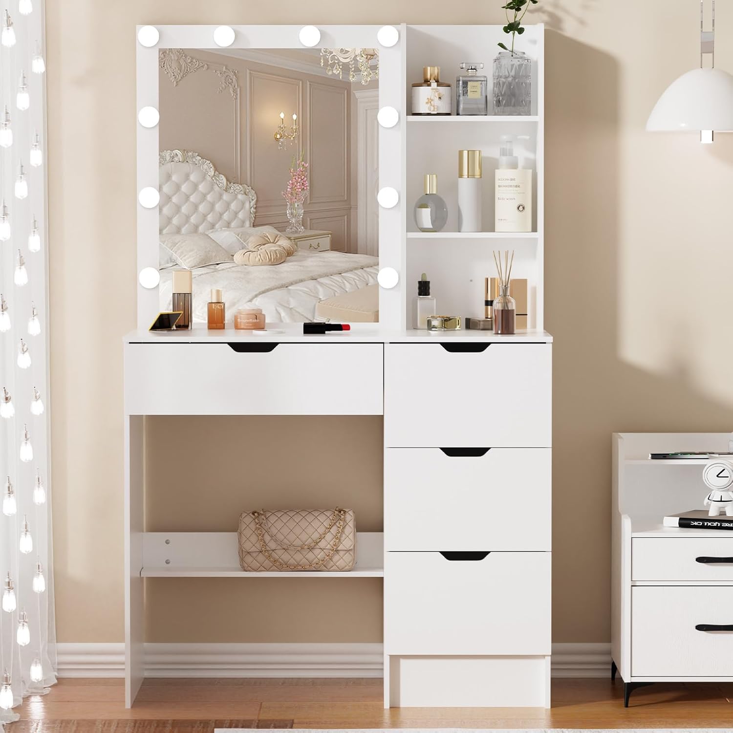 Makeup Vanity Table with Lights, White Dressing Desk with 4 Drawers and 3 Open Shelves, Cute Vanity Set for Bedroom, 3 Lighting Modes Brightness Adjustable