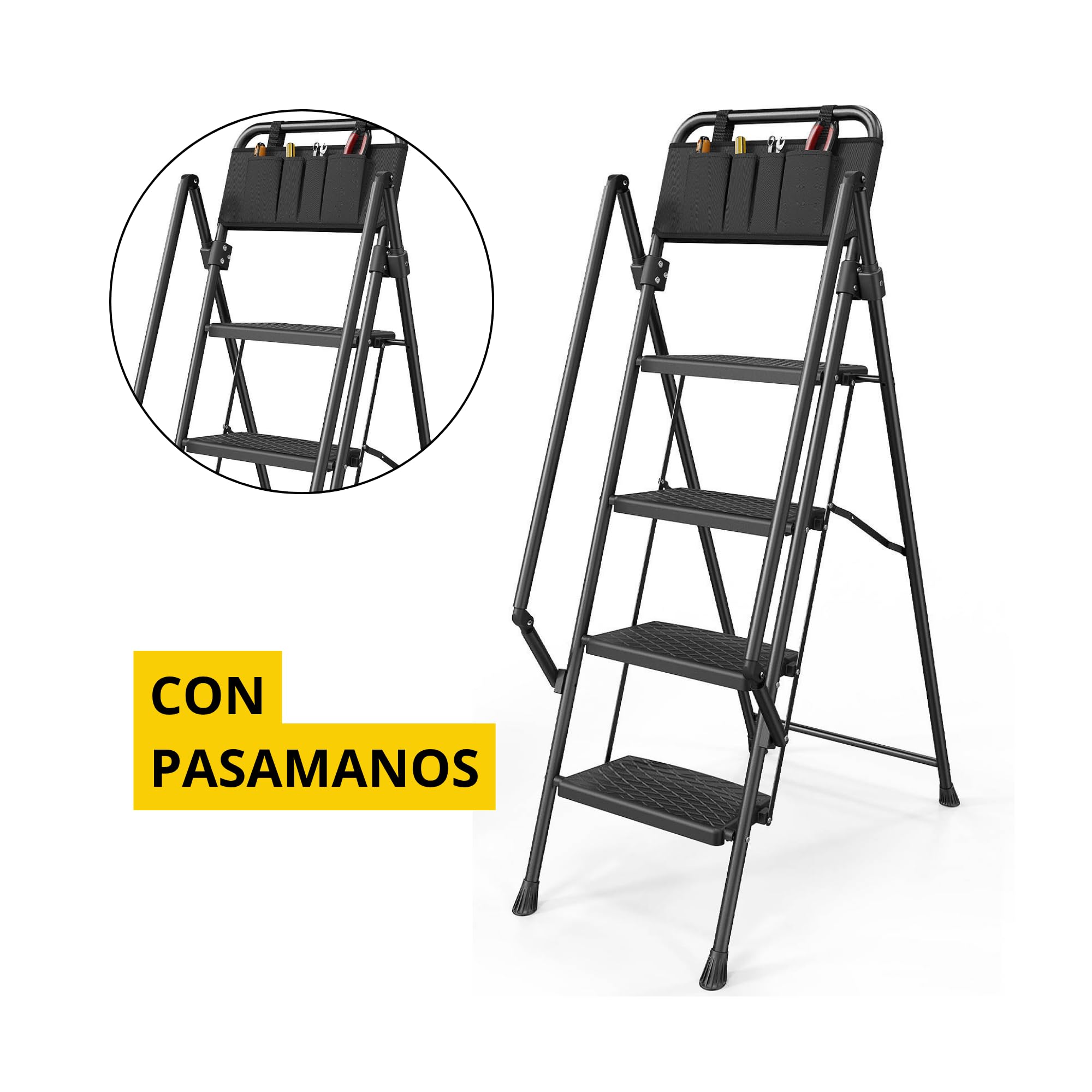 Homelux P19263 Escalera Plegable 4 Peldaños Anchos con Pasamanos – Peldaños de Polipropileno Antideslizantes con Estructura de Abeja – Escalera Hogar Segura y Compacta