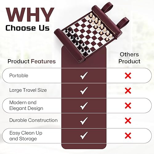 Miniatura 5 de Juego de ajedrez enrollable, tapete de ajedrez plegable de cuero de 11 pulgadas con piezas de ajedrez de madera, juego de ajedrez de viaje portátil