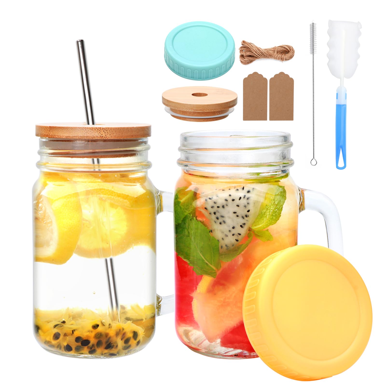Bocal Mason Jar avec poignée 473g verre transparent étanche pour smoothie et café glacé