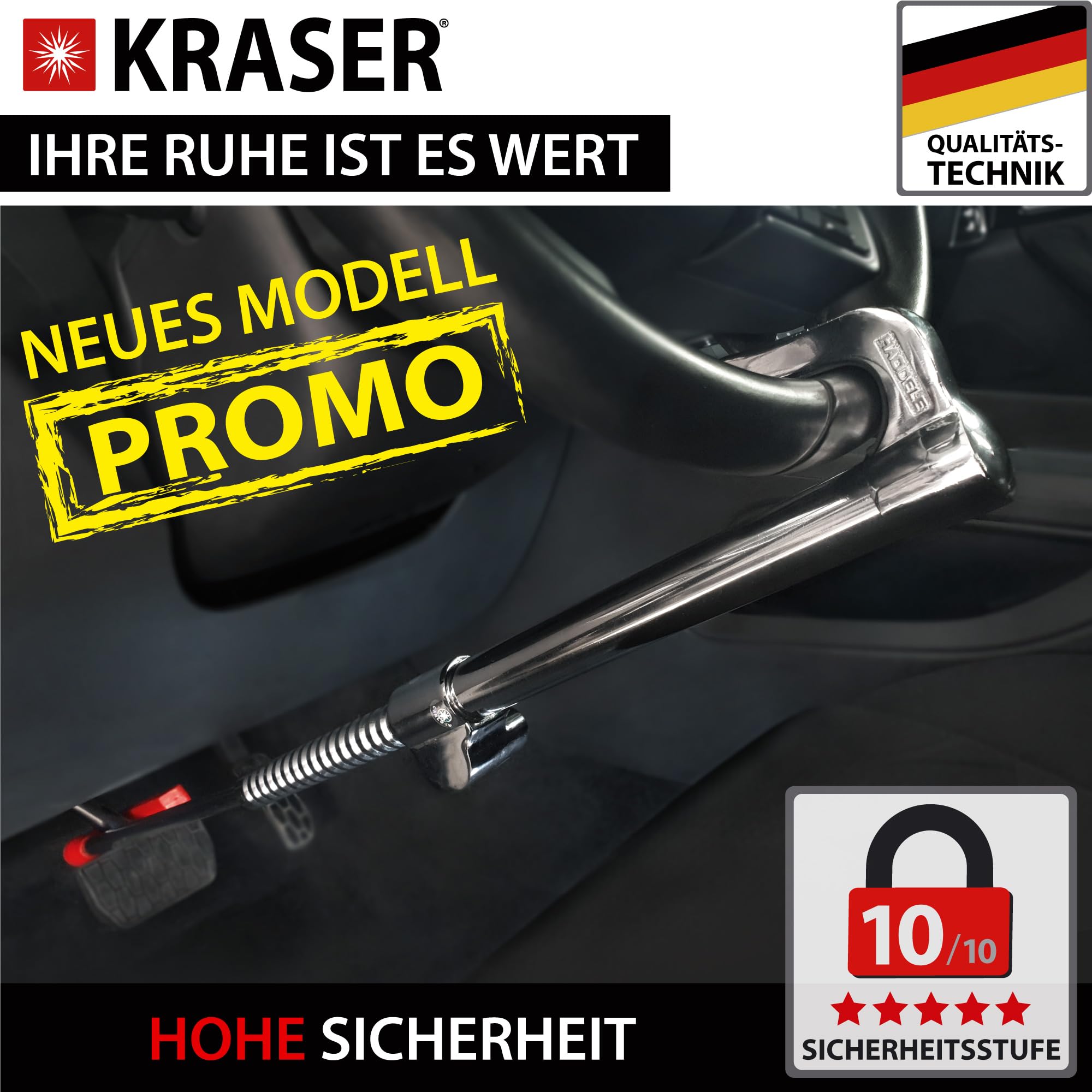 KRASER KR837 Lenkradkralle Pedalsperre Maximale Sicherheit Stufe 10, Robust Lenkradschloss Versenkbarer Haken, Universal Wegfahrsperre Diebstahlsicherung für Auto PKW