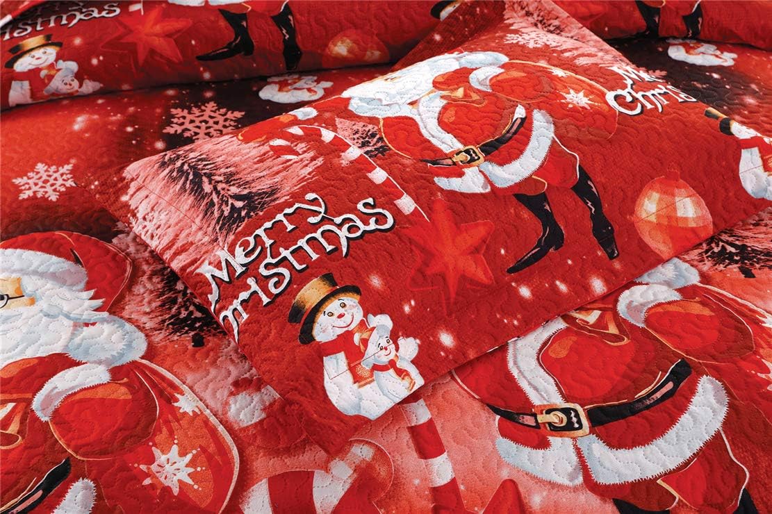 Jarson 3Pcs Christmas Quilt Set Full/Queen Size Lightweight Bedspreads,Lovely Santa Claus Printed Coverlet Set Reversible Bedding Cover New Year's Decoration,Red