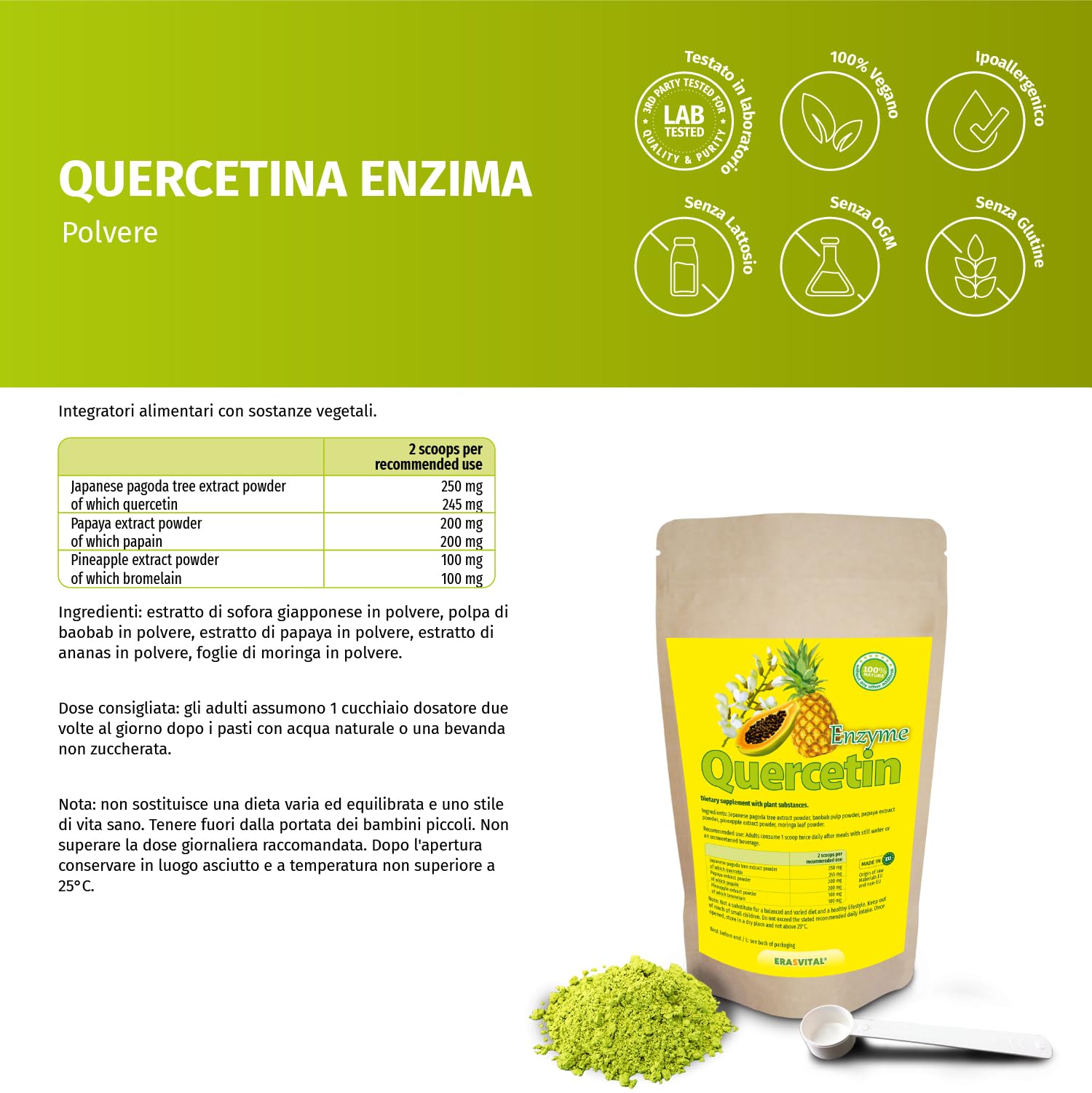Quercetin Enzym 250g Pulver mit wichtigen Begleitern - Papain, Baobab Fruchtpulver, Bromelain, Moringa Oleifera Blattpulver. Vegan (250 g (1er Pack))