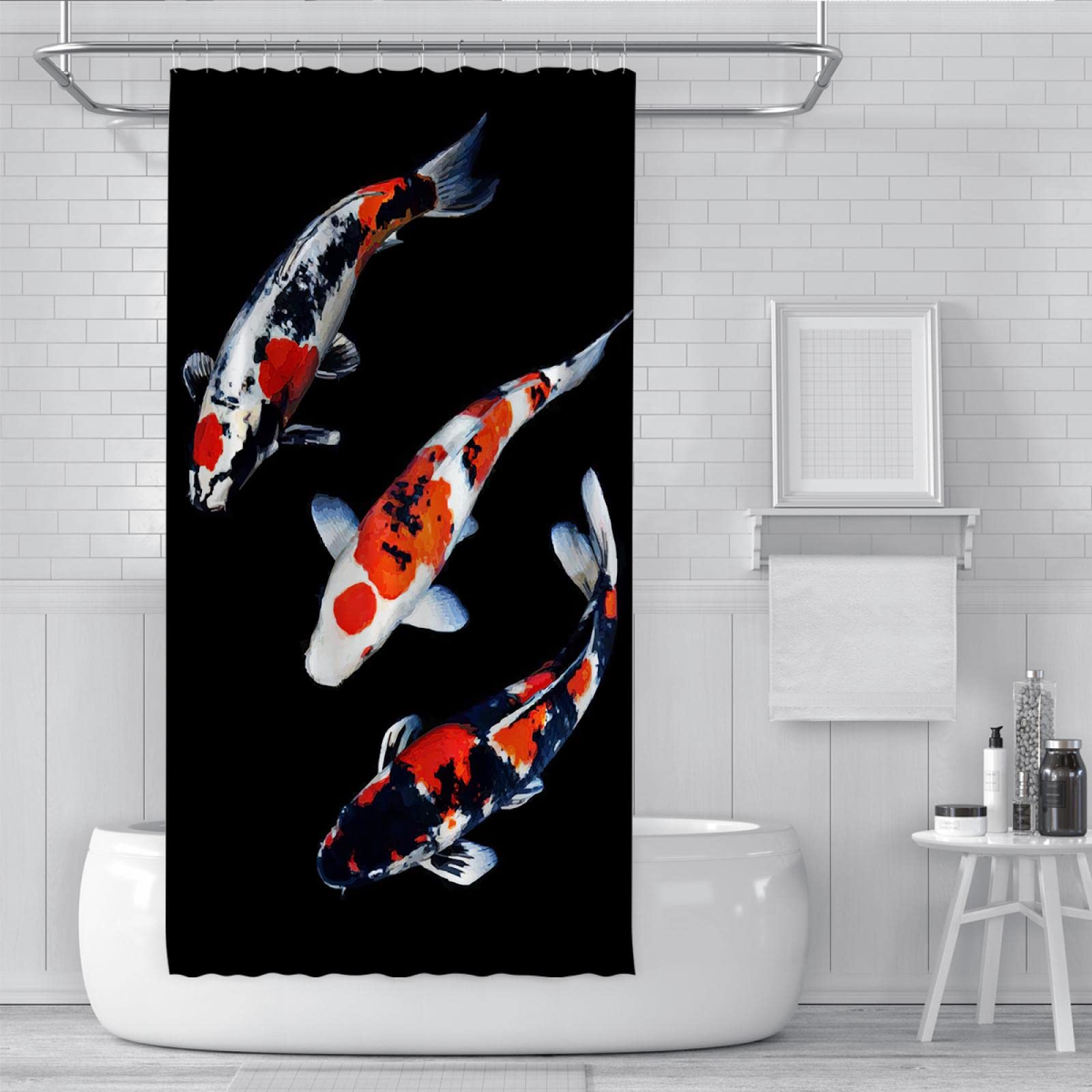 Cortina de Ducha con diseño de Animales, Carpas koi Tradicionales con Elementos orientales, Juego de decoración de baño de Tela, Ganchos, Fondo Negro, 240 W x 180 L cm, Cortina de Ducha