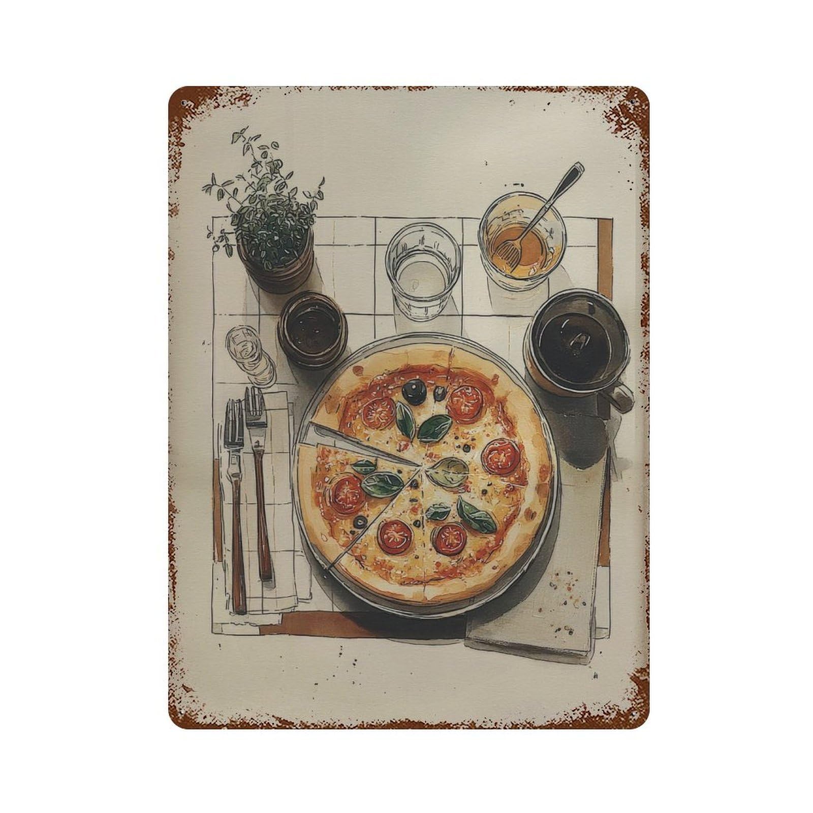 xiaoxiaoshen Pizza Handdrawn Illustration on Matte Paper Wall Decor Art Metal Tin Poster Modern Home Decor Art Home Bar Shop Decorations Vintage Sign 40x30cm