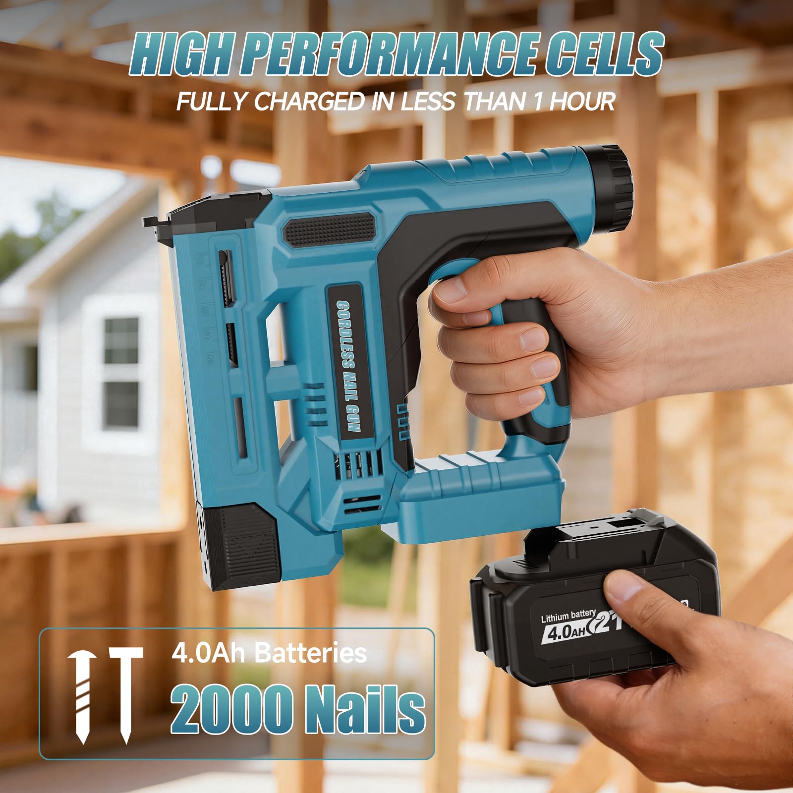 balyram Clavadora Electrica de Clavos Compatible con Makita 18V, Grapadora Clavadora 2 en 1 18GA con batería 4.0Ah, Profundidad Ajustable, 1000 clavos y 1000 grapas incluidas para mejoras del hogar