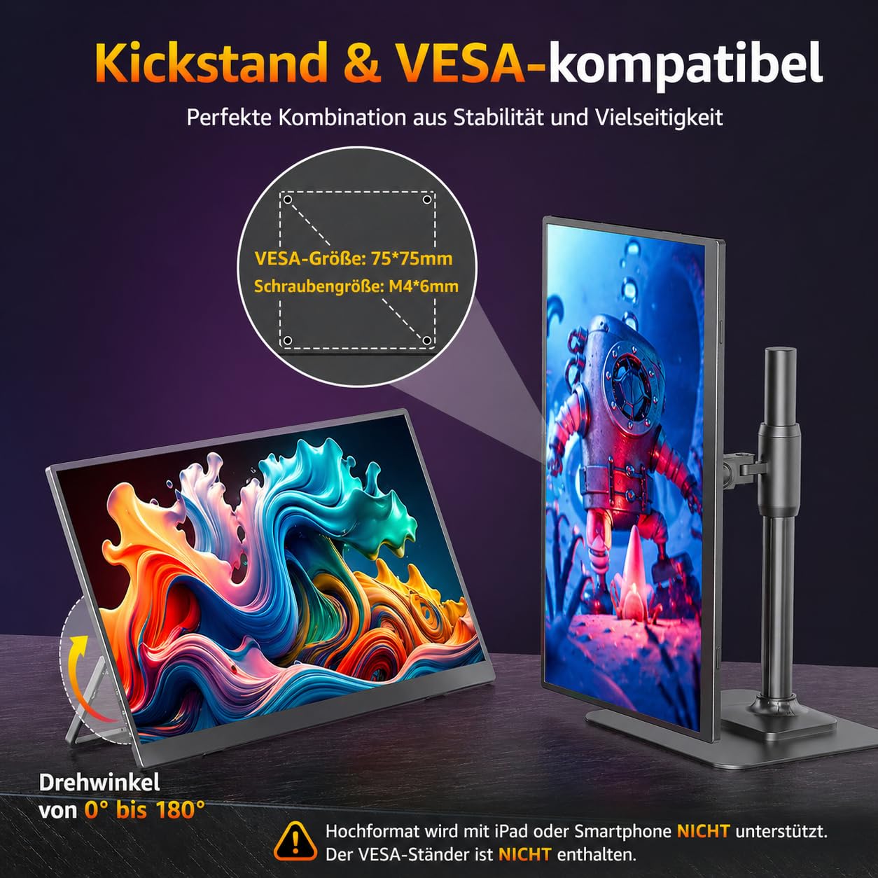 cocopar Portable Monitor 18.5 Zoll 1080P FHD 120% sRGB Mobiler Bildschirm Lautsprecher HDMI USB-C Tragbarer Monitor für Laptop MacBook Surface PC Xbox PS4/5, VESA montierbar mit Integrierter Ständer