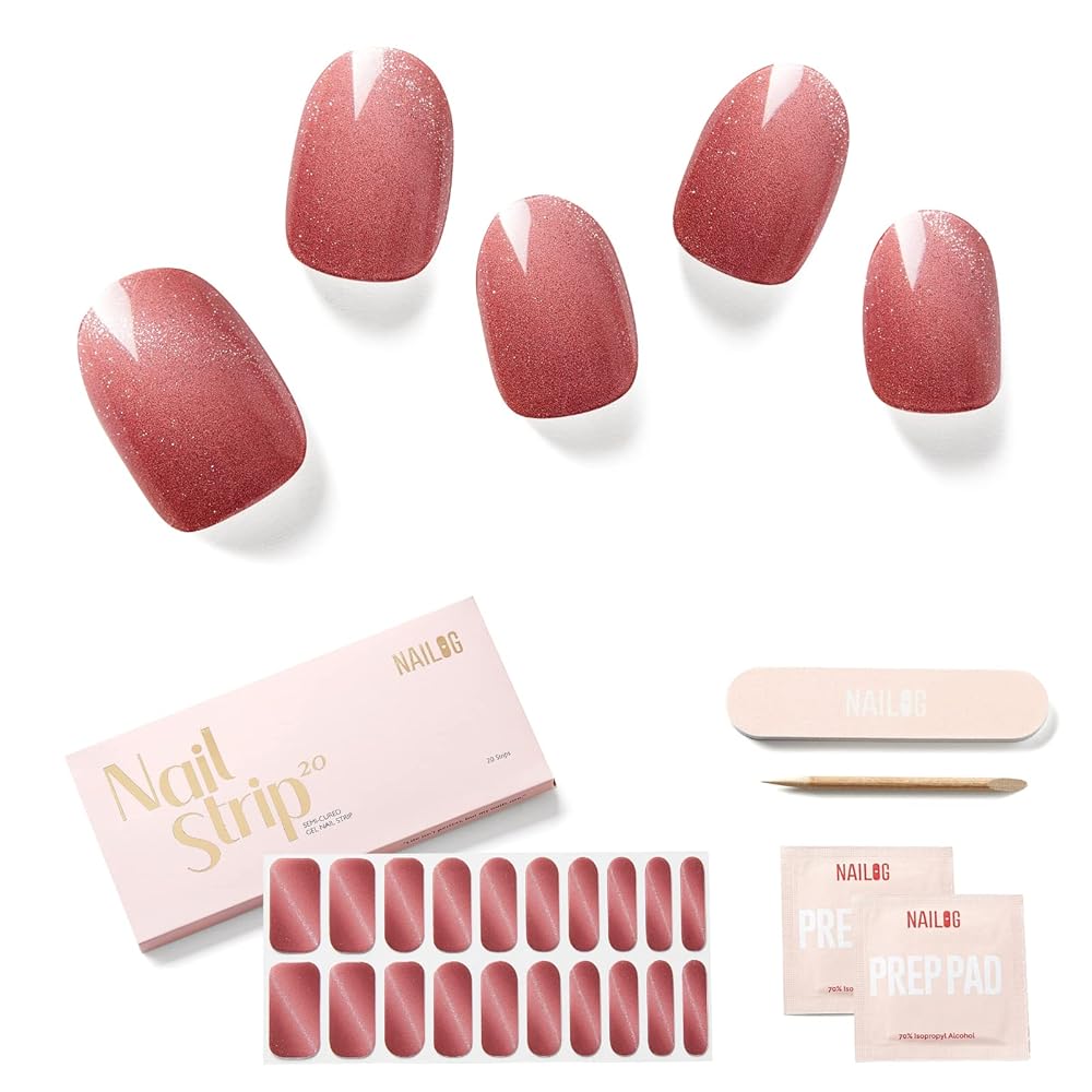 NAILOG Semi Cured Gel Nail Strips (20 Extra Long Stickers/Wraps) | Buy 2 Get 1 UV Lamp| Glossy & Long Lasting Soft Gel Finishing, Silvery Kahala