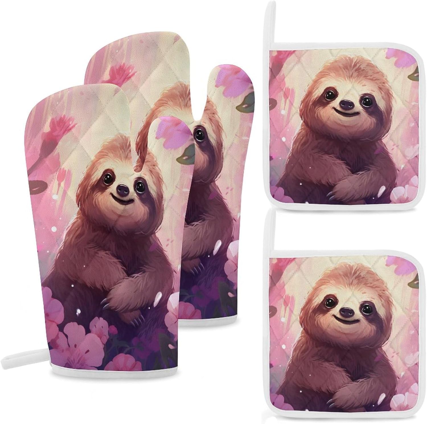 Cute Sloth Animals 4 Pcs Oven Mitts and Pot Holders Set High Heat Resistant Long Kitchen Oven Glove Potholders