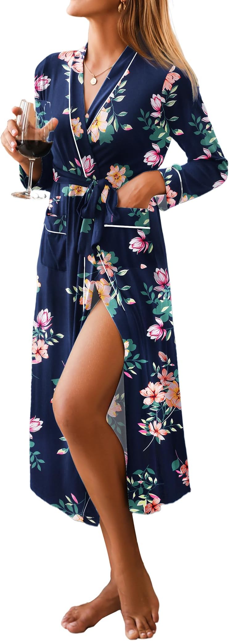 Ekouaer Women Kimono Robes Full Length Knit Bathrobe Lightweight Soft Sleepwear V-neck Casual Ladies Loungewear S-XXL