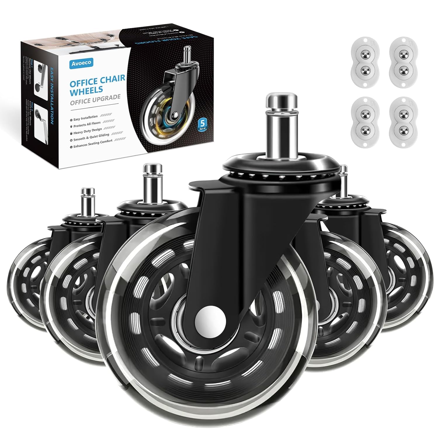 Office Chair Mat 5-Pack Heavy Duty 3-Inch Office Chair Casters Soft Rubber Swivel Wheels Replacement K 976576 - Foto 3