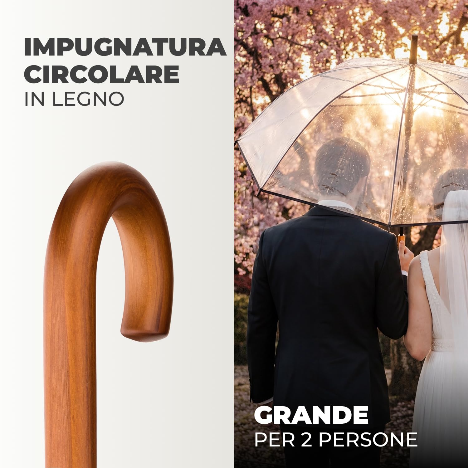 LOGAN & BARNES Ombrello da matrimonio trasparente con manico di alta qualità in vero legno Ø120 cm – Elegante grande ombrello per 2 persone, trasparente XXL – Modello CARDIFF