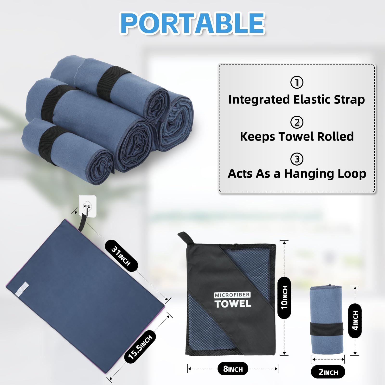 Toalla de camping, de secado rápido, ligera, compacta, absorbente (azul marino)