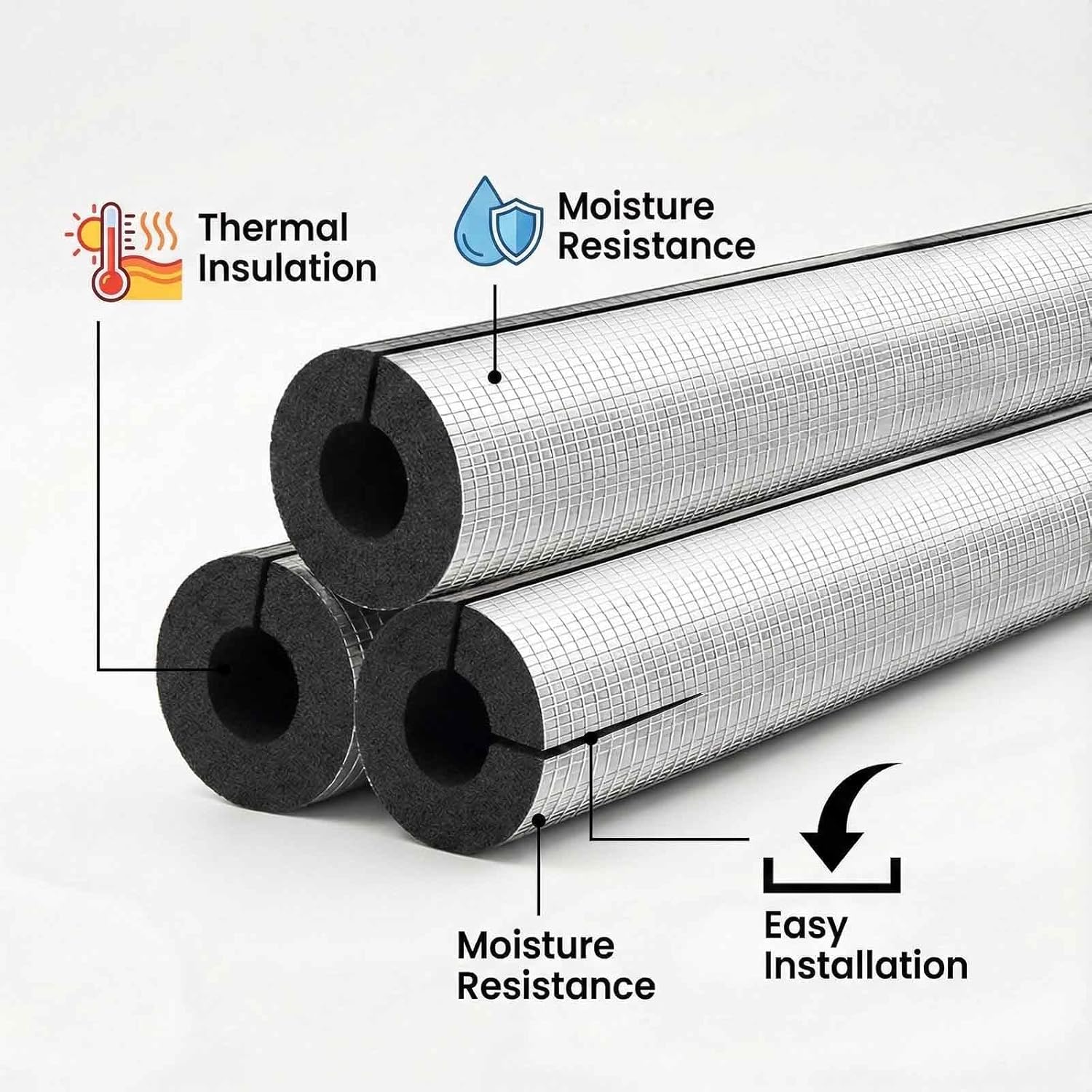 Thermal Acoustic Pipe Lagging - Aluminum Foil Outer, Closed-Cell Foam for Insulation & Sound Dampening in HVAC & Plumbing(ID108mmxT20mmx0.95m)