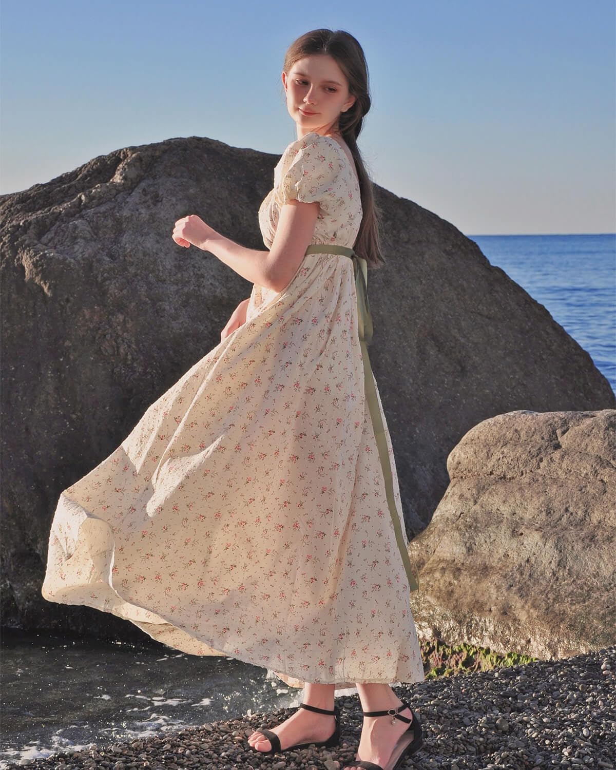 Nuoqi Regency Dresses for Women Floral Regency Era Dress Empire Waist Long Tea Party Dress