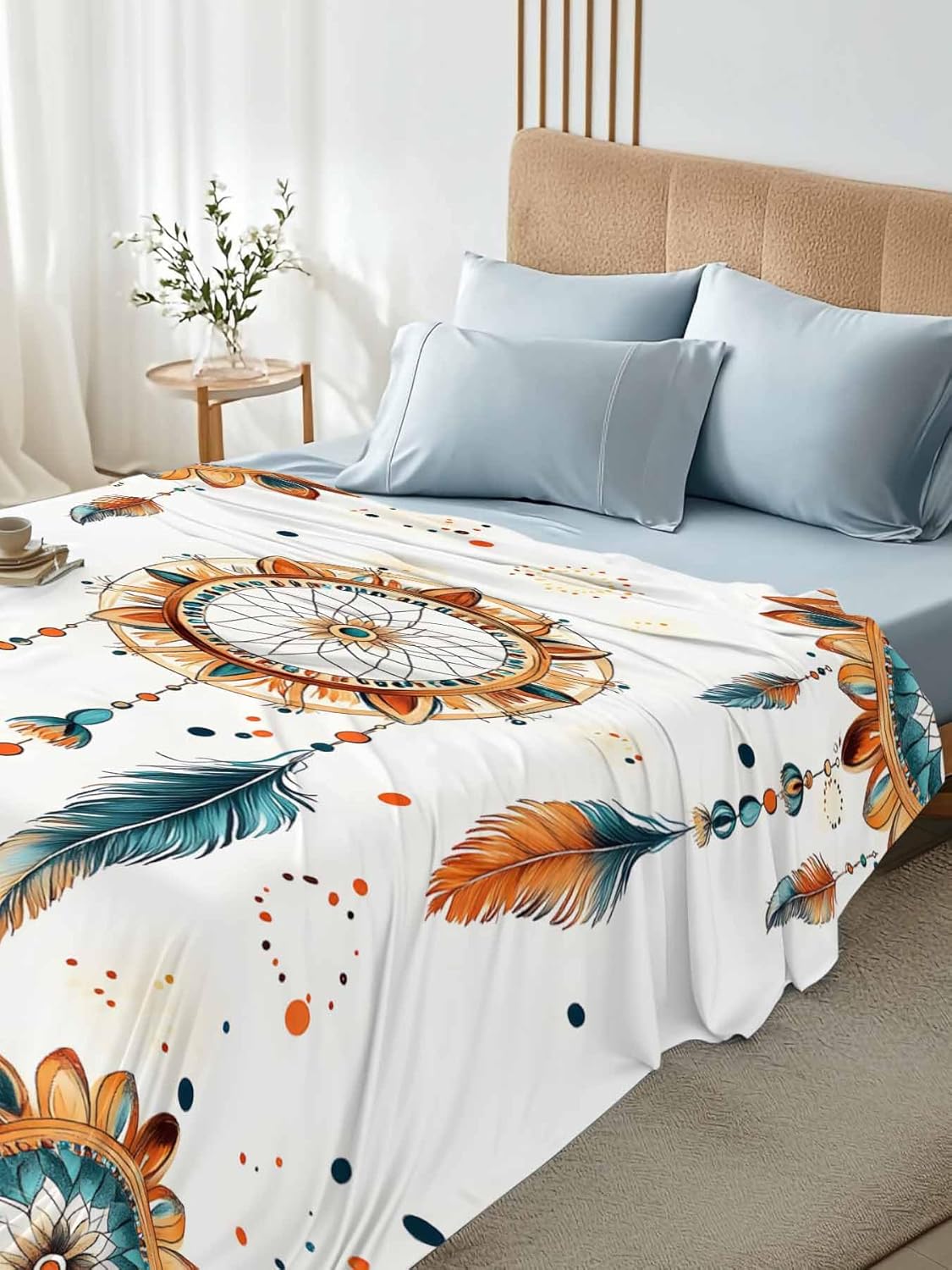 Top Sheet Full Bedding Flat Sheet Only, Retro Indian Totem Microfiber Bed Sheets Soft Breathable Bedding Flat Sheets, Abstract Ancient Patterns Hotel Luxury Top Sheets