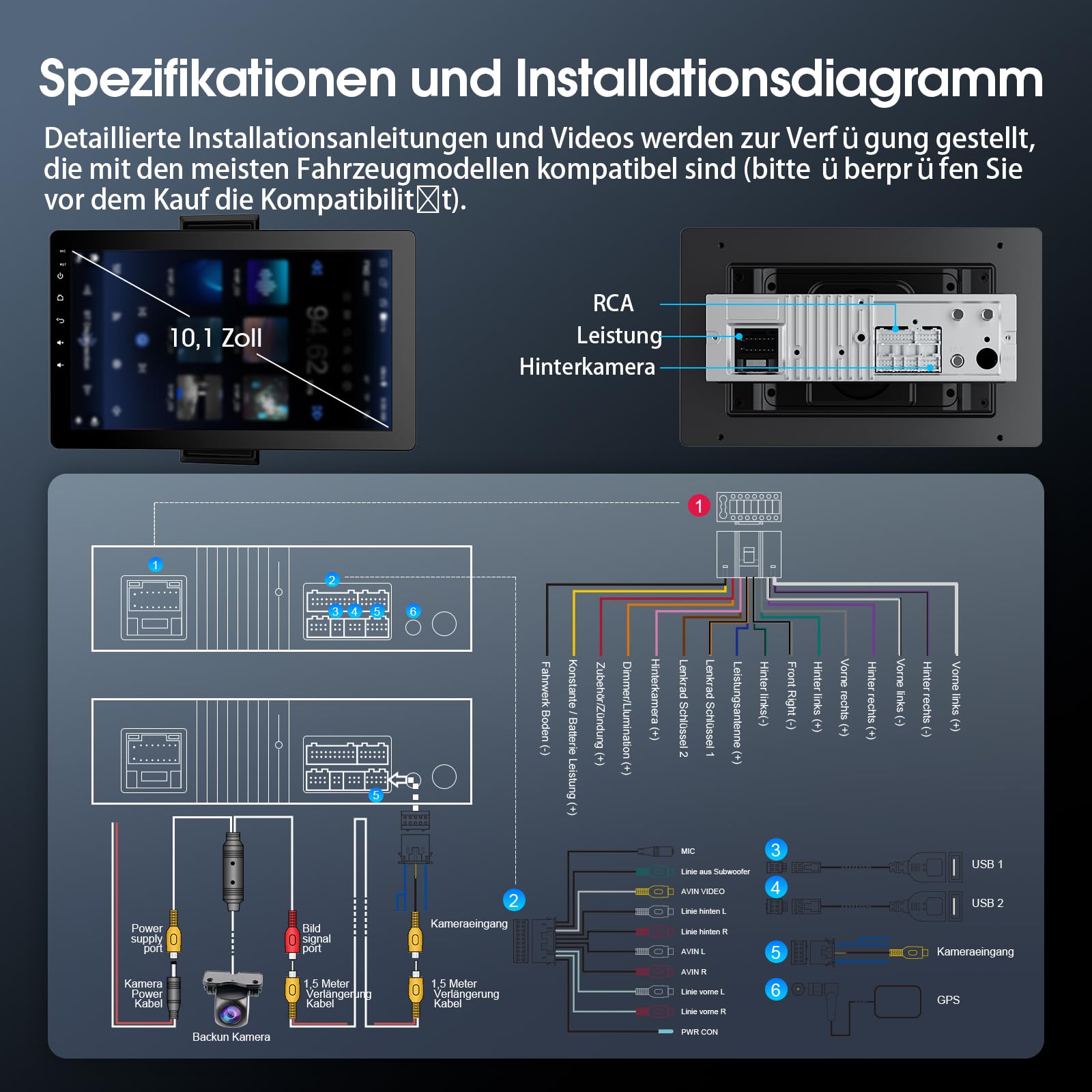 Haudio 360° Drehbares 1 Din Autoradio mit Wireless CarPlay & Android Auto, 10,1" IPS Bildschirm, 720P Rückfahrkamera, GPS, Mirror Link, Sprachsteuerung, RDS/FM/AM Radio, für alle Fahrzeuge Geeignet