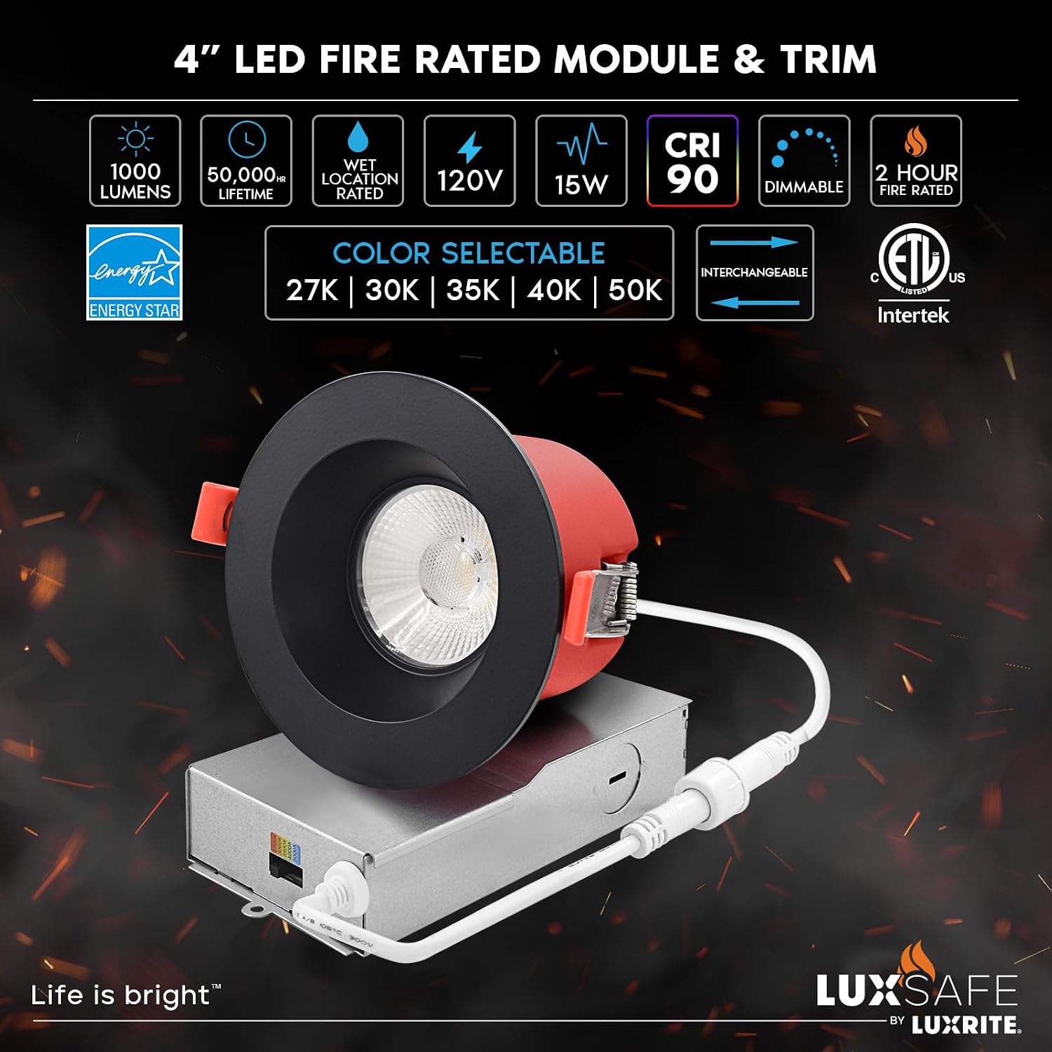 LUXRITE 6-Pack 4 Inch LED Recessed Lights with J-Box, 5CCT 2700K-5000K, 2 Hour Fire Rating, 15 Watts, 1000 Lumens, 38° Spotlight, Dimmable, IC Rated, Wet Rated, ETL - Black Trim