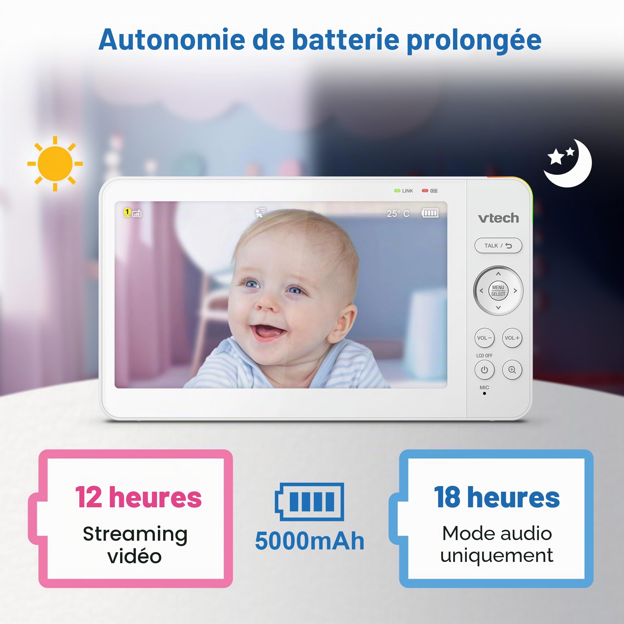 VTech VM7467 Moniteur pour bébé avec écran LCD 7", Zoom inclinable panoramique à Distance, Vue Grand Angle de 178°, Sons apaisants et berceuses, veilleuse Multicolore, Conversation bidirectionnelle,