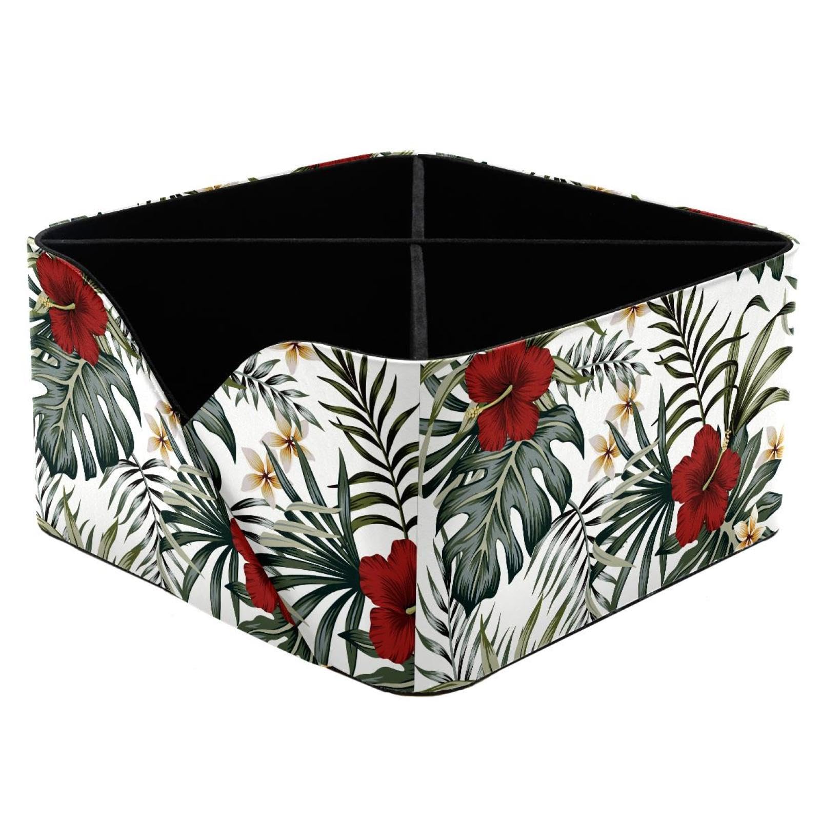KengjuTesu Hibiscus Plumeria Floral Leaves Desktop Organizer Pen Holder, Rectangular Pencil Cup for Office, Study and Makeup Stations