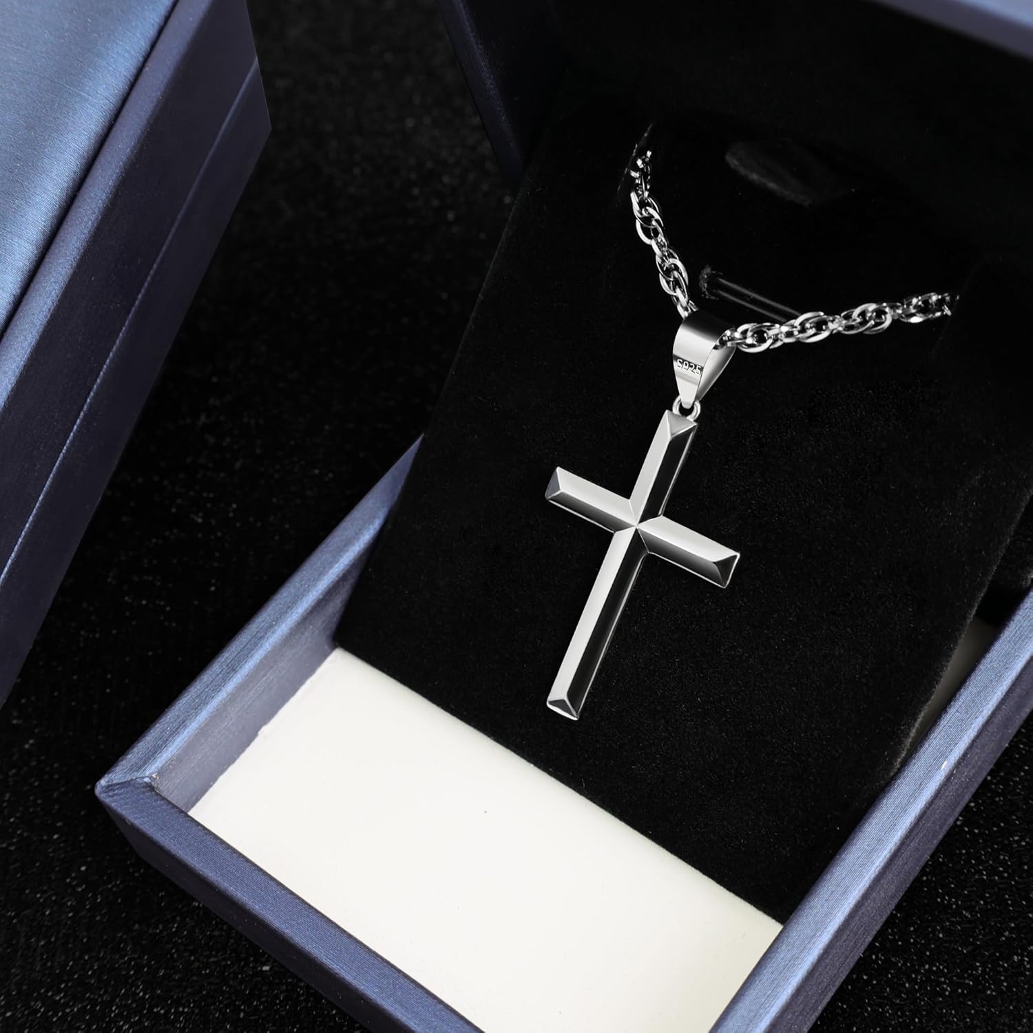 925 Sterling Silver Cross Necklace Beveled Edge for Men Women 3mm Stainless Steel Durable Wheat Chain Crucifix Pendant Necklace Jewelry 16-28 Inches - Image 5