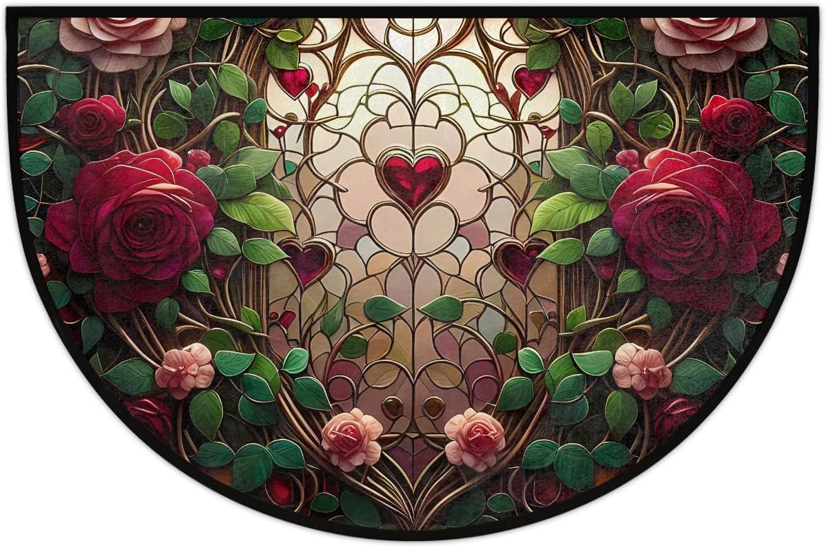 Half Round Door Mat Rose Valentine's Day Love Non Slip Washable Semi Circle Area Rug Absorbent Soft Half Moon Rug Floor Mat for Indoor Outdoor Kitchen Bathroom Patio Front Door Mat Decor