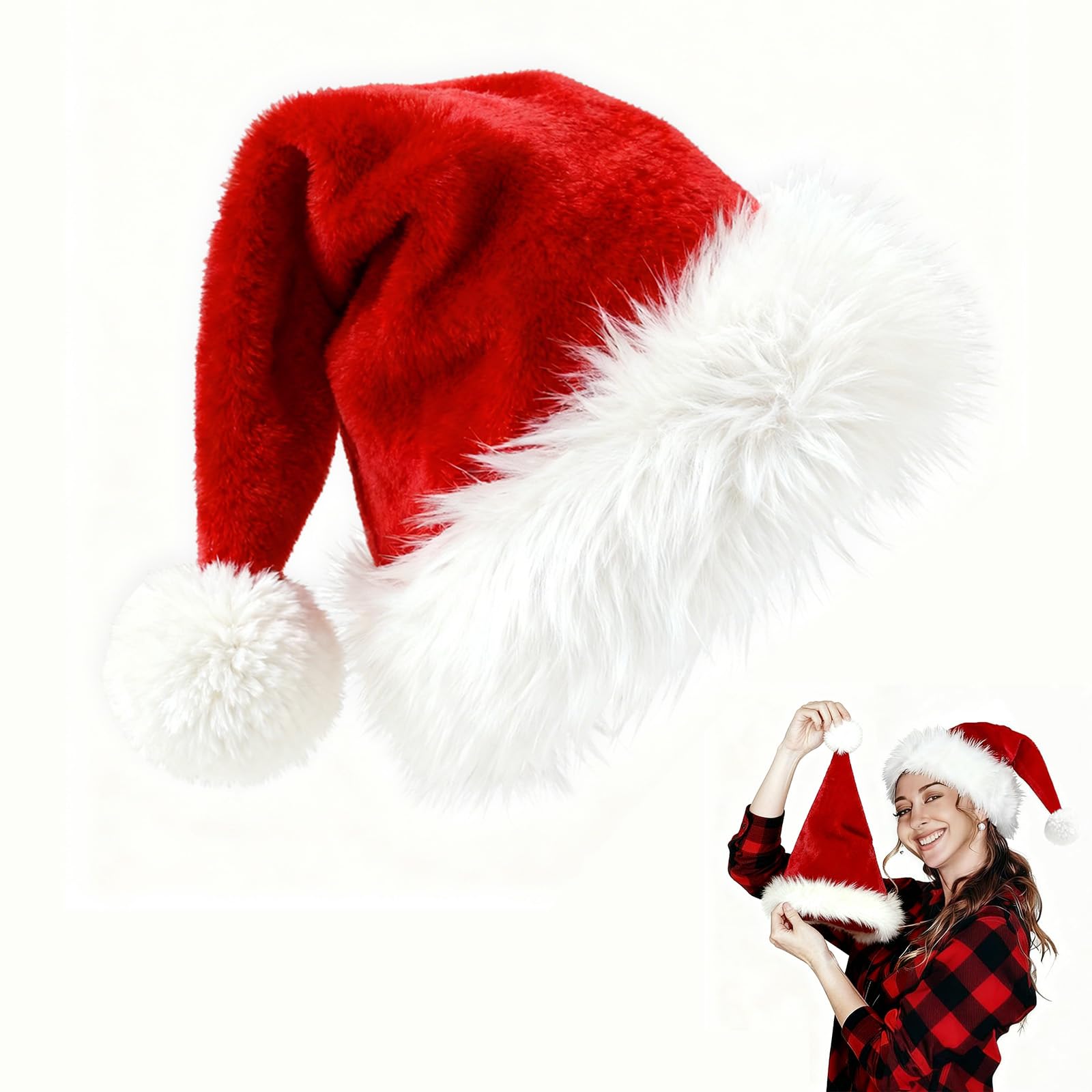LIANRISES Christmas Hats, Santa Claus Hat for Adults, Red White Plush Xmas Hat, Luxury Double Velvet, Comfortable Soft Extra Thicken Unisex for New Year Festive Party Gifts