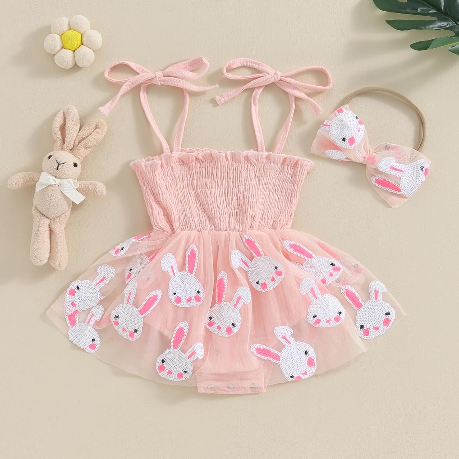 Newborn Baby Girl Easter Outfit Bunny Romper Dress Onesie Sleeveless Halter Tutu Skirt with Headband - Image 3