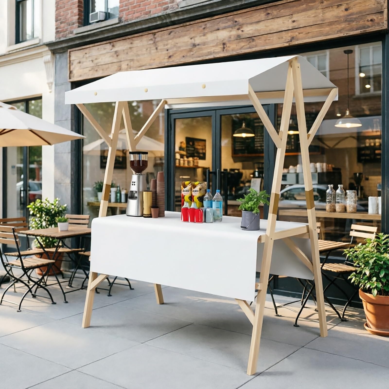 Carretto per Alimenti Pieghevole in Legno con Tettuccio, Banchetto Stile Mercato, Carretto per Venditori Ambulanti, per Eventi E Festival(White,120cm/47.2in)