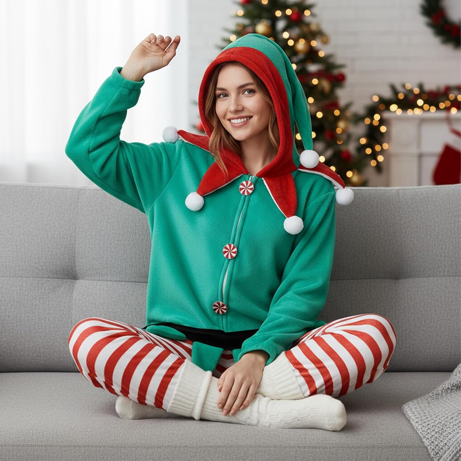 Elf Onesie Costume for Women Men Christmas Fleece Costumes Xmas Halloween Cosplay Fancy Dress Up - Image 6