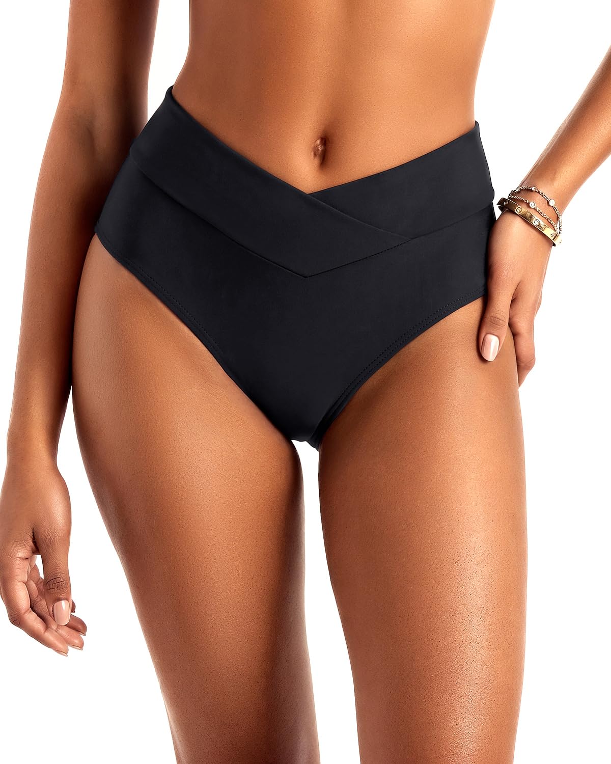 zmart Women Bikini Bottoms V Neck Full Coverage High Waist Swim Trunks Cross V Front-picture-49