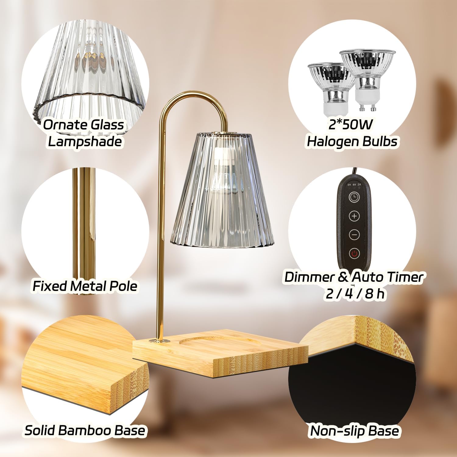 Electric Candle Warmer Lamp Farmhouse Wood Base Wax Lamp with 2 Bulbs, Vintage Home Decor Gifts for Housewarming/Birthday/Mom (Natural)