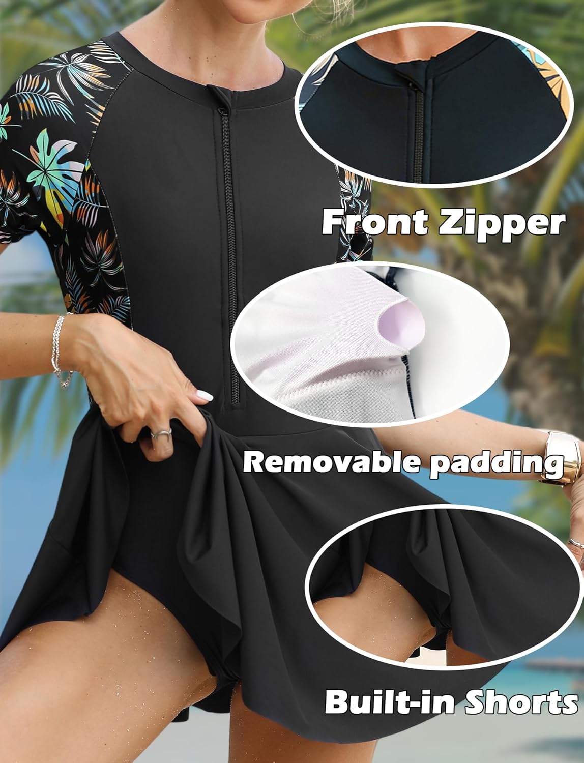 FEOYA Women's Short Sleeve Swimsuits Swim Dress 50+ UPF Rash Guard Modest One Piece Swimwear with Skirt Bathing Suit - Image 3